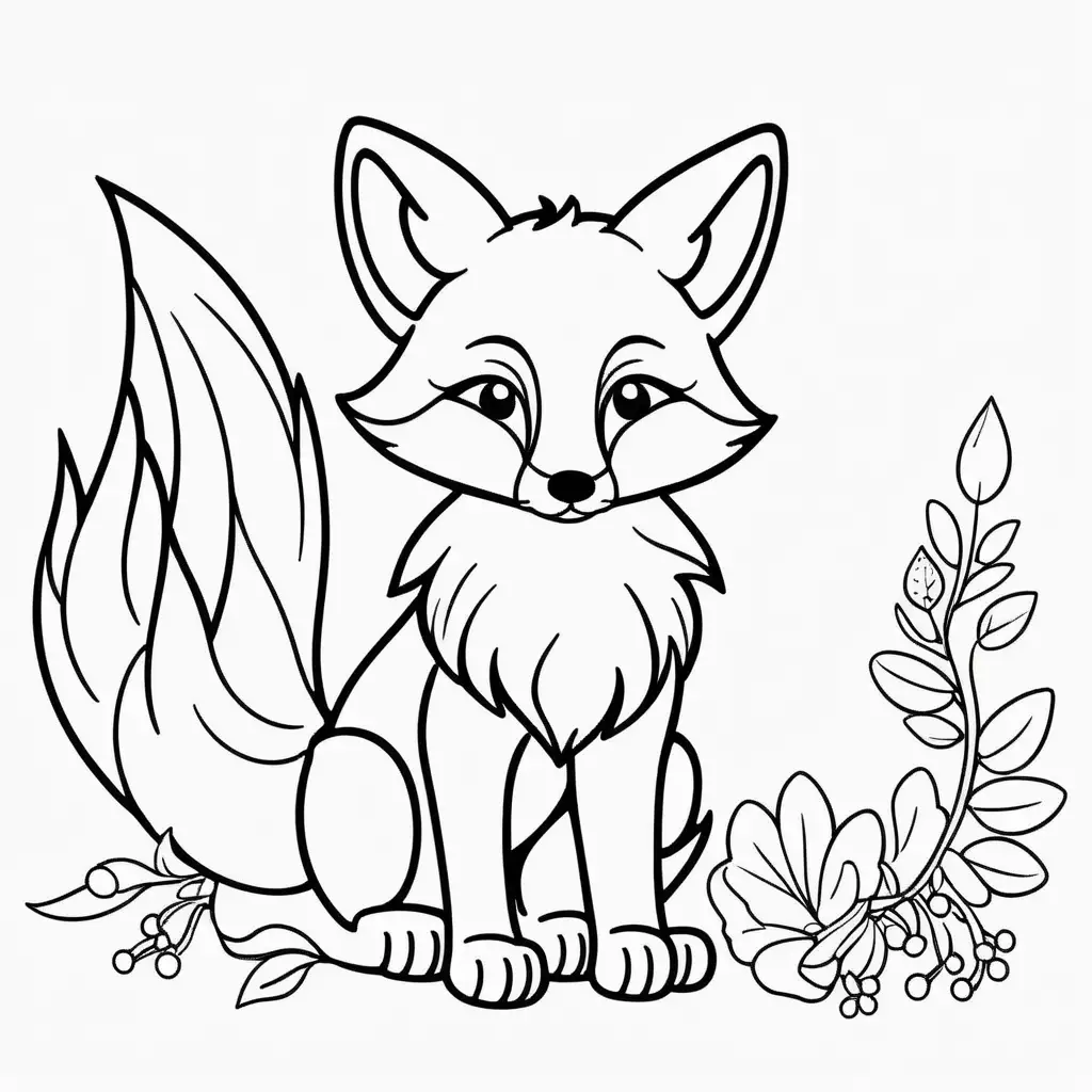 cute fox  - coloring page for kids, white background
