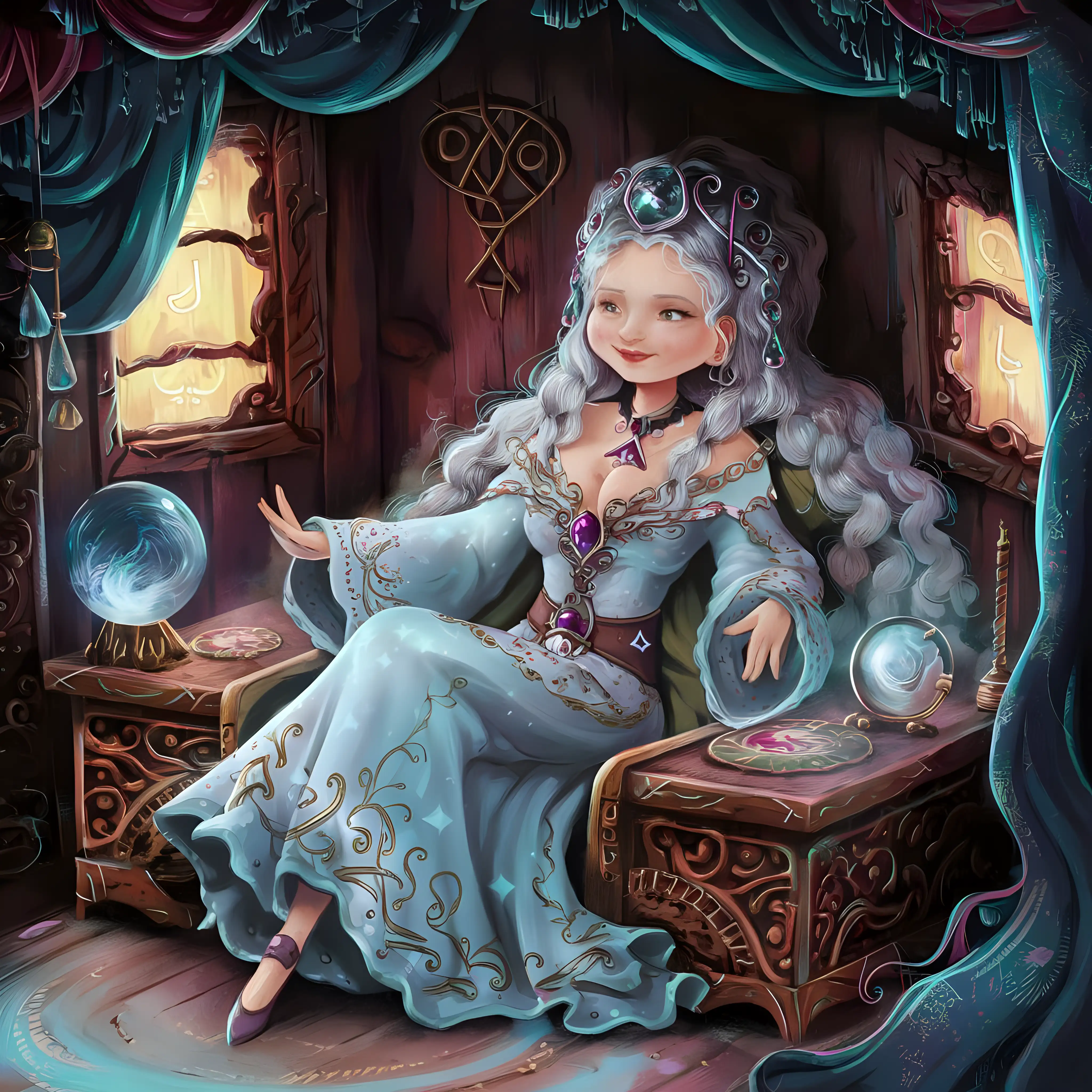 Mystical Fortune Teller Seated on Ornate Wooden Box Surrounded by Magical Artifacts