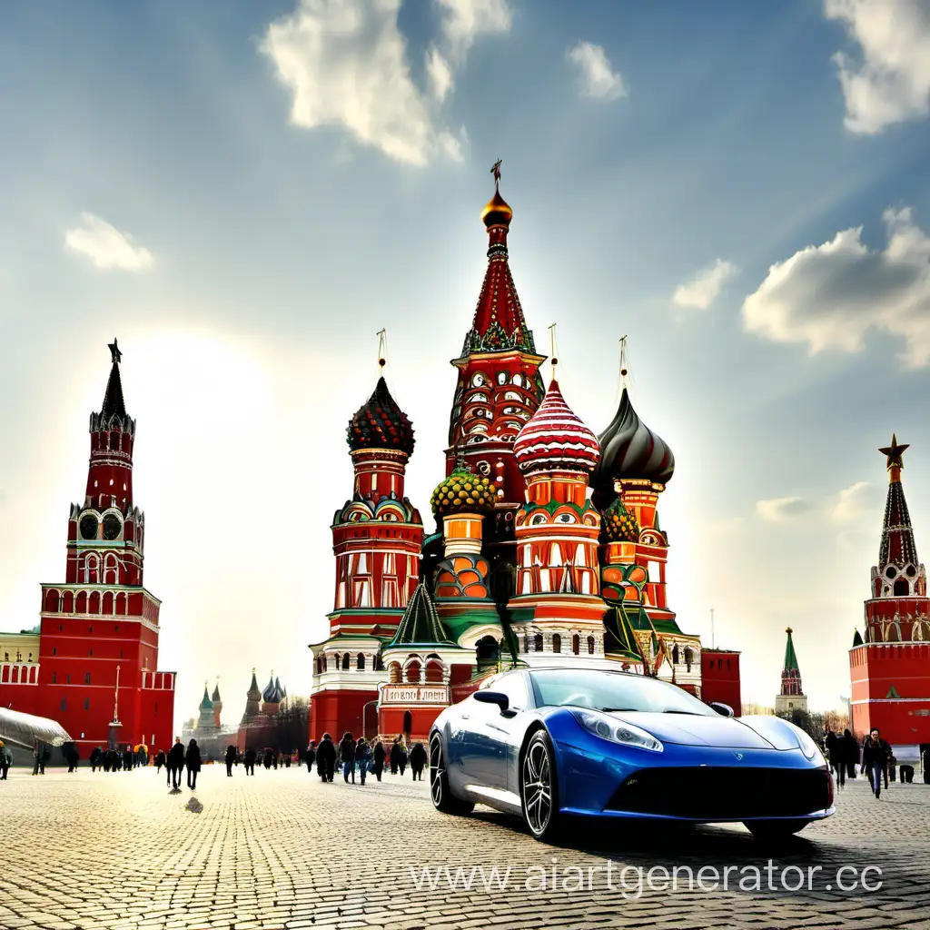 Moscow, Red square, Kremlin, modern sport car is nearby, profile
