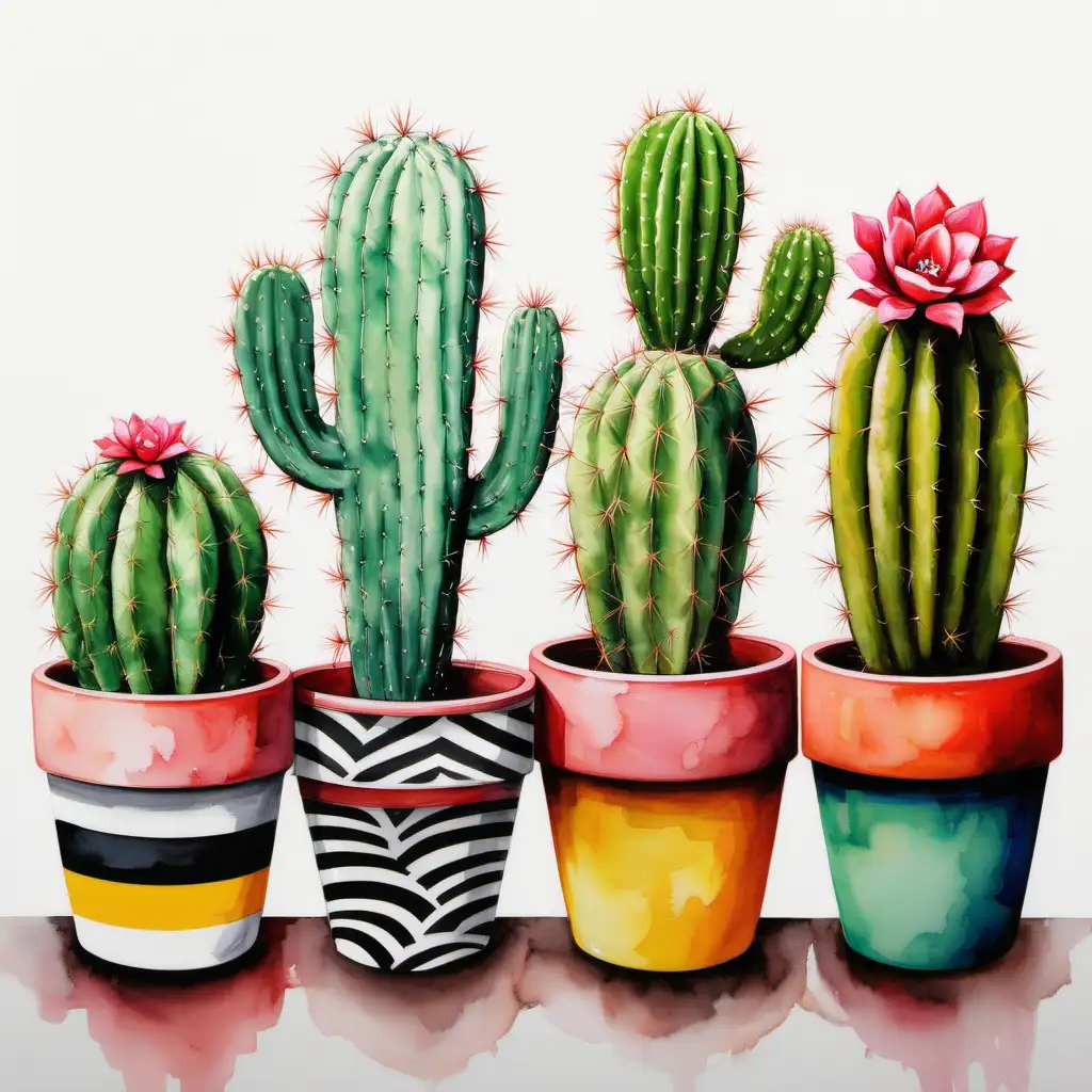 painting of several cactus on cute colourful  pots 