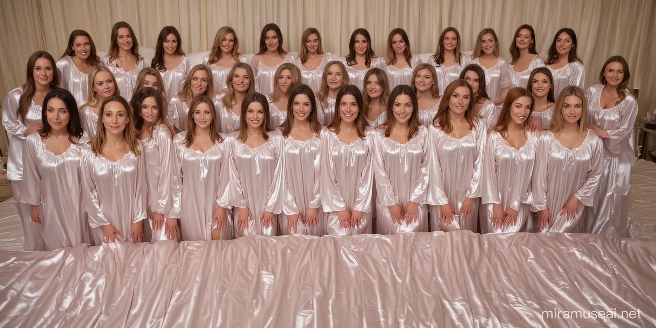 Ethereal Gathering of Women in Milky Satin Nightgowns on Giant Bed