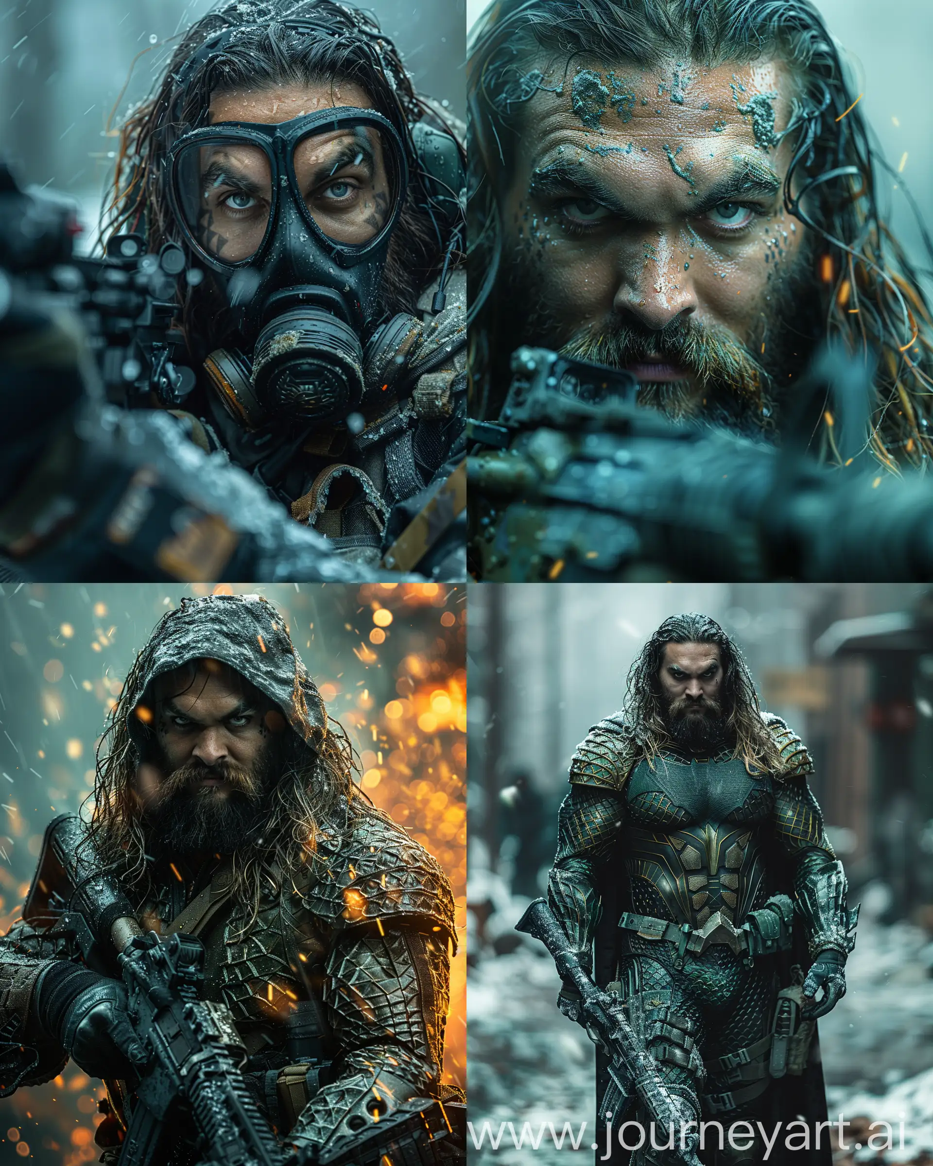 mid Angle Shot: Aquaman from the Justice League movie 2021 wearing full Aquaman special forces military soldier uniform from Call of Duty black ops film with a gas mask, Aquaman,  helmet and advanced M16A2 5.56 Rifle weapons, warzone, stand still film by Zack Snyder, UHD 8K --v 6.0 --style raw --ar 4:5 --s 750

