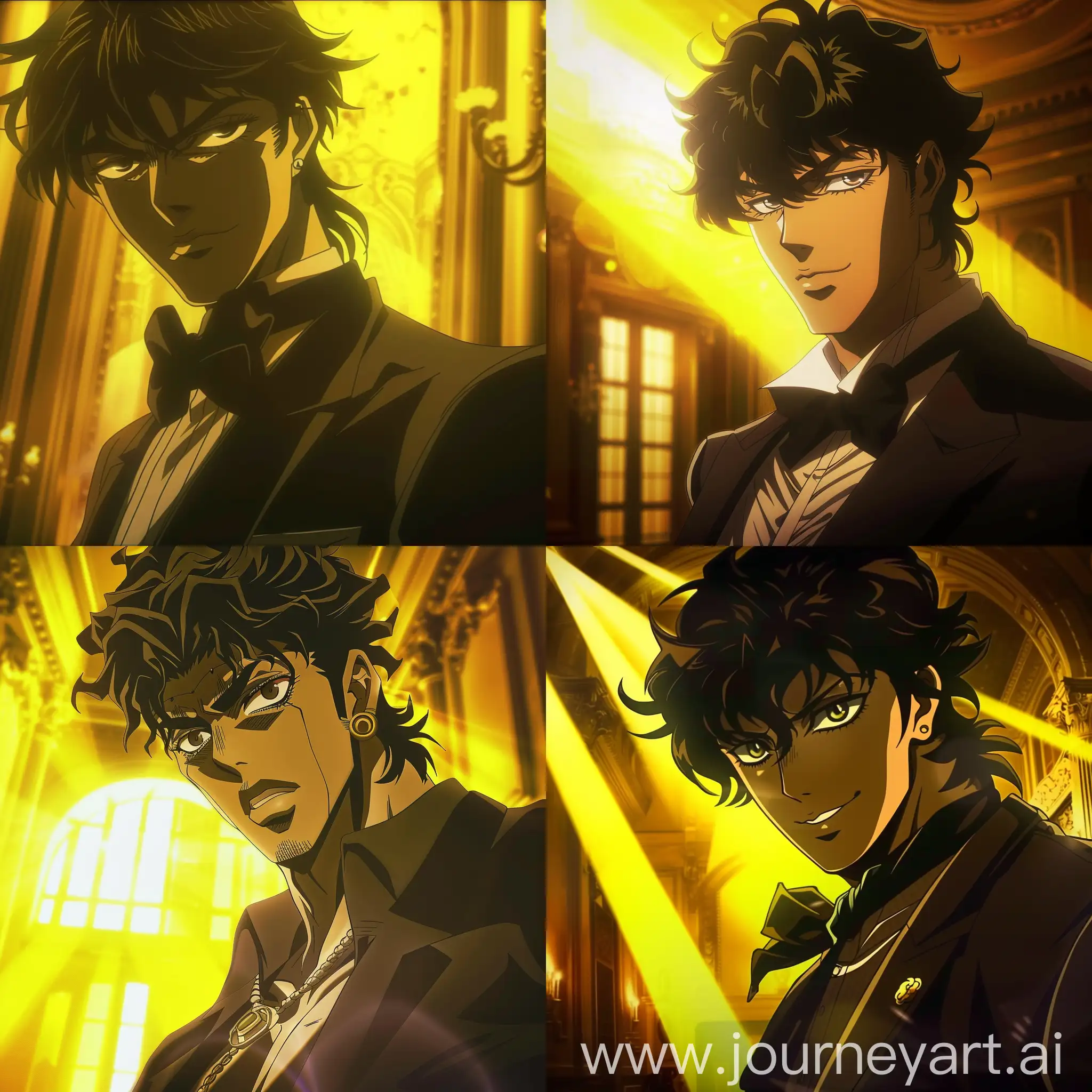 Jotaro Kujo at a black tie event. In a mansion. Yellow light. Closeup camera shot. Anime art style