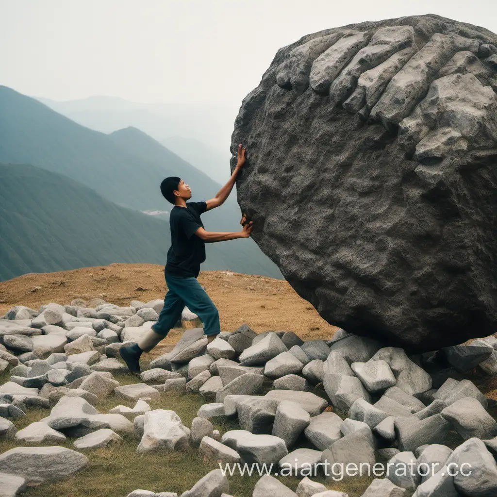 человек толкает камень в гору