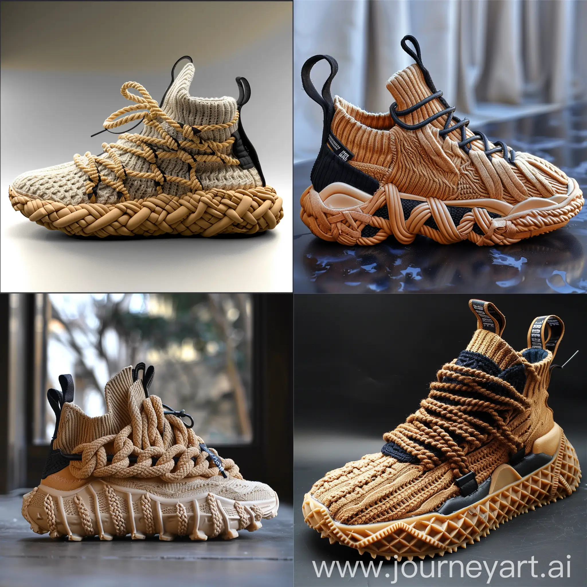 Sneakers design , inspiration by knitted fabrics , some knitted cables on it , knitted cables rubber midsole , draw knitted cables on midsole , chunky , trendy ,main  color butter , knitted laces , some black leather on top , some black suede for tongue and upper , over sized shape , street wear sneakers , anyone can buy it and like it 