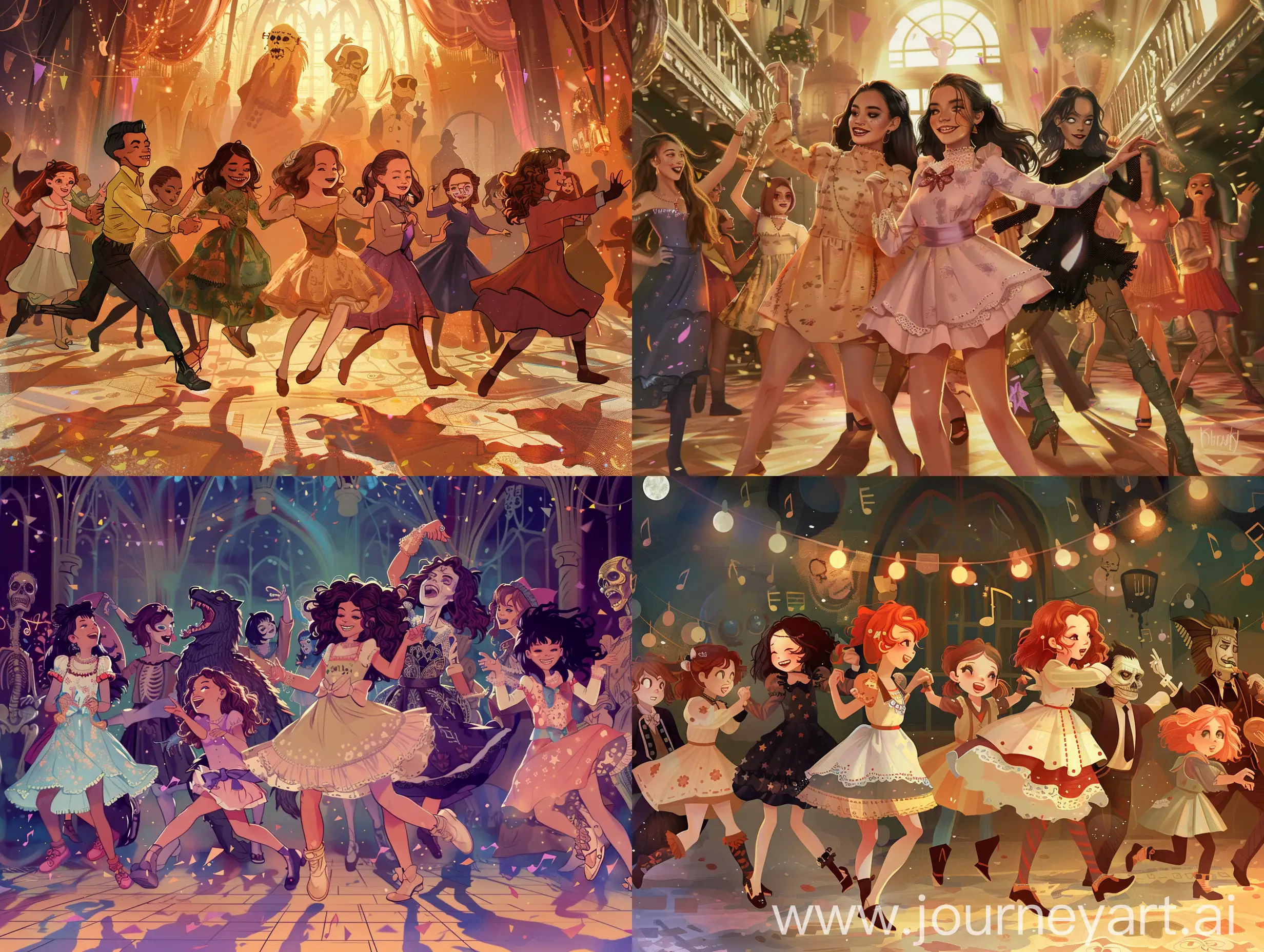 A magical modern fairy tale mixed with the delicate intricacies of porcelain doll style, creating a visual work that is both fantastically colorful and artistically vibrant. Introducing warm and rich color palettes, elaborate costume designs, and dreamy background elements to set a vivid and colorful scene where a group of girls in adorable outfits joyfully dance. Their actions are lively and nimble, resembling the fluttering of musical notes. The backdrop is a wonderful ball scene, with vampires, Frankenstein's creature, werewolves, and revived mummies all dressed in festive attire, following the girls and together performing a magical dance. The entire scene should be filled with the festive ambiance of the night, while maintaining a dreamy and slightly humorous style, as if it were a specially crafted celebration for mythical beings. The overall feeling is both wild and romantic, echoing the lyrics’ celebration of freedom, dreams, and fun.