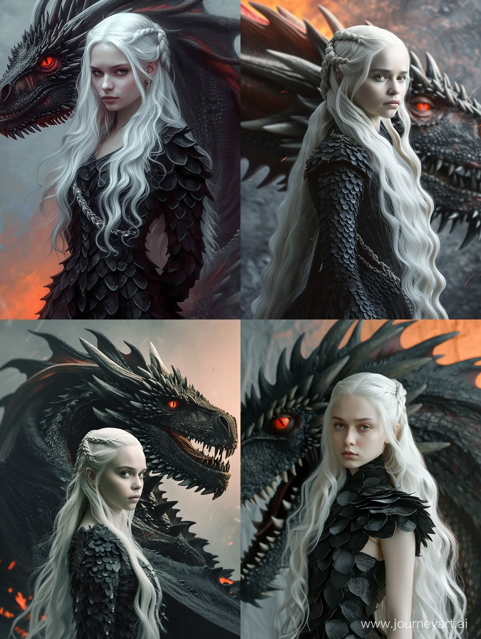 Actress Mia Goth as a Targaryen girl, she has long white hair, a confident look, she is wearing a black dress made of dragon scales, behind her is the head of a dragon with red eyes, Game of Thrones style, gray-orange light