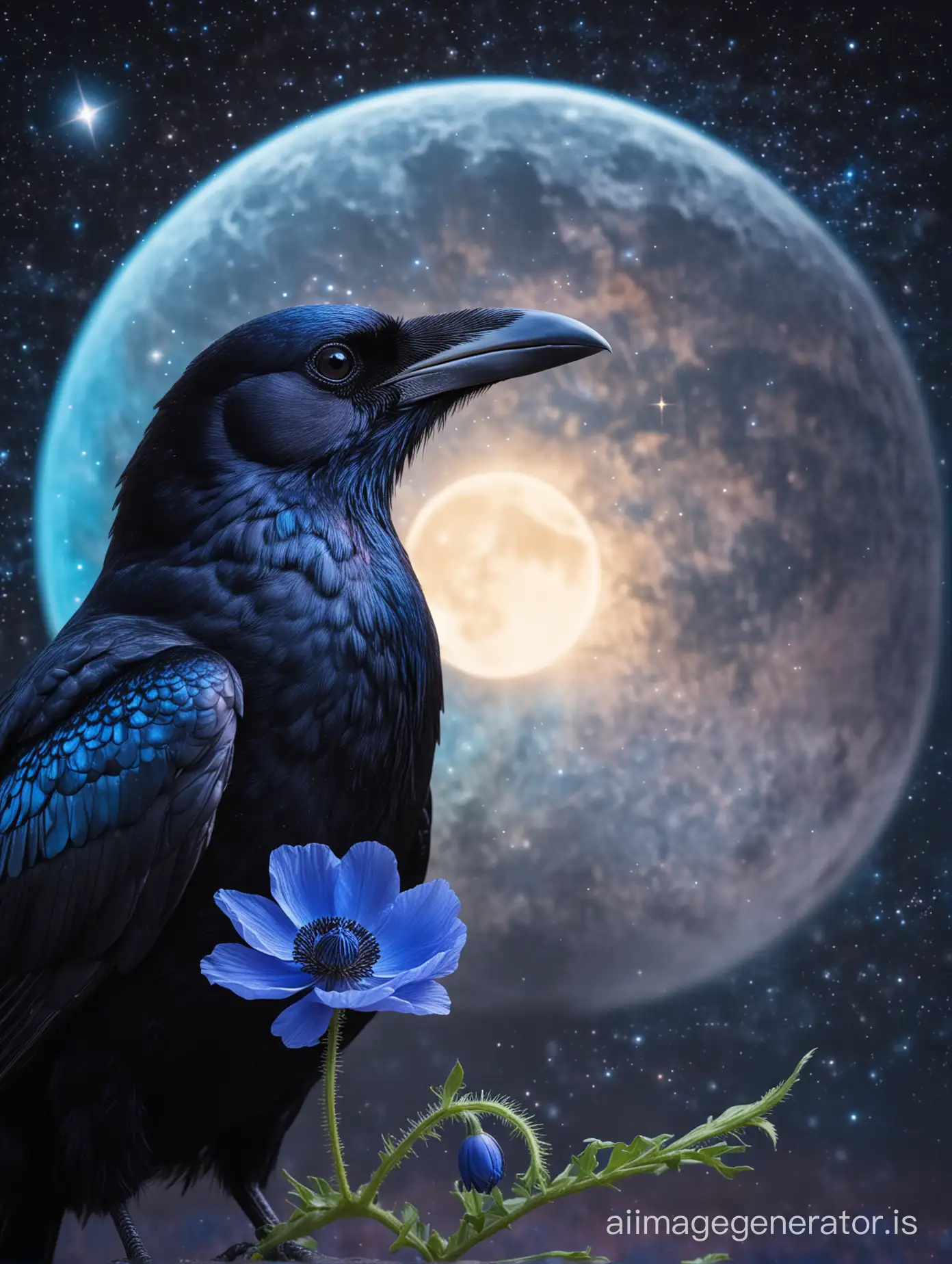 The beautiful iridescent black crow holds a blue poppy flower in its beak against the backdrop of a starry, cosmic sky, glowing, glimmering, moon, neon