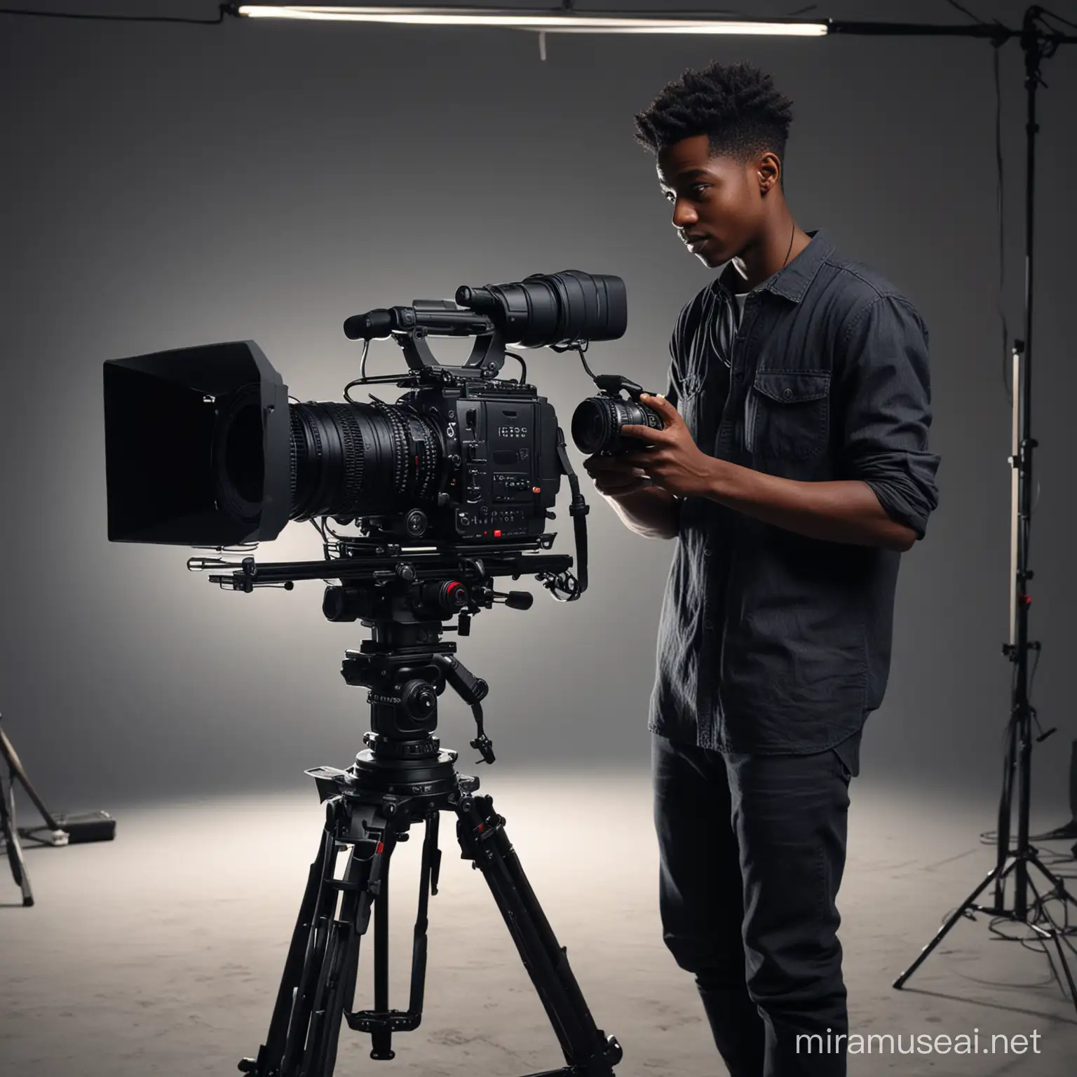 Young Black Cinematographer Filming with HighQuality Camera in Dim Studio
