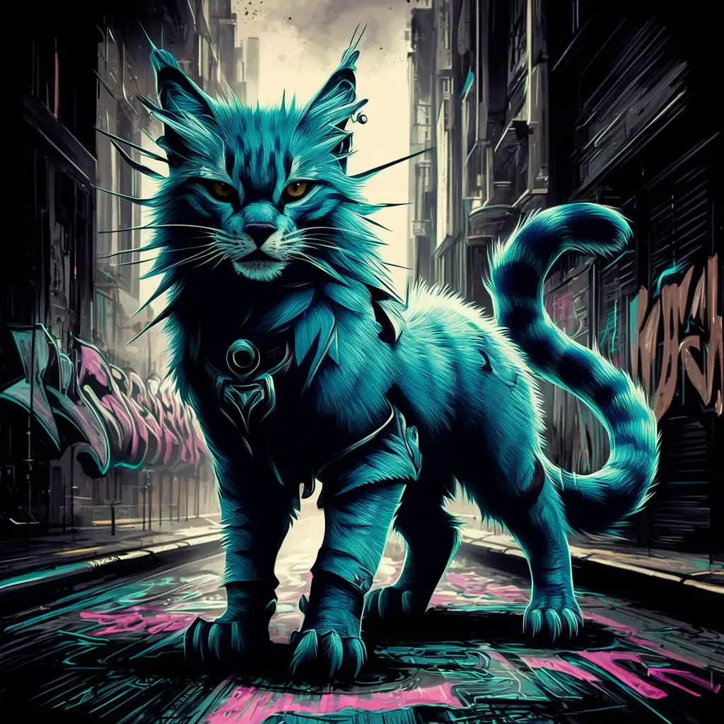 punk art style in the shape of a majestic blue feline