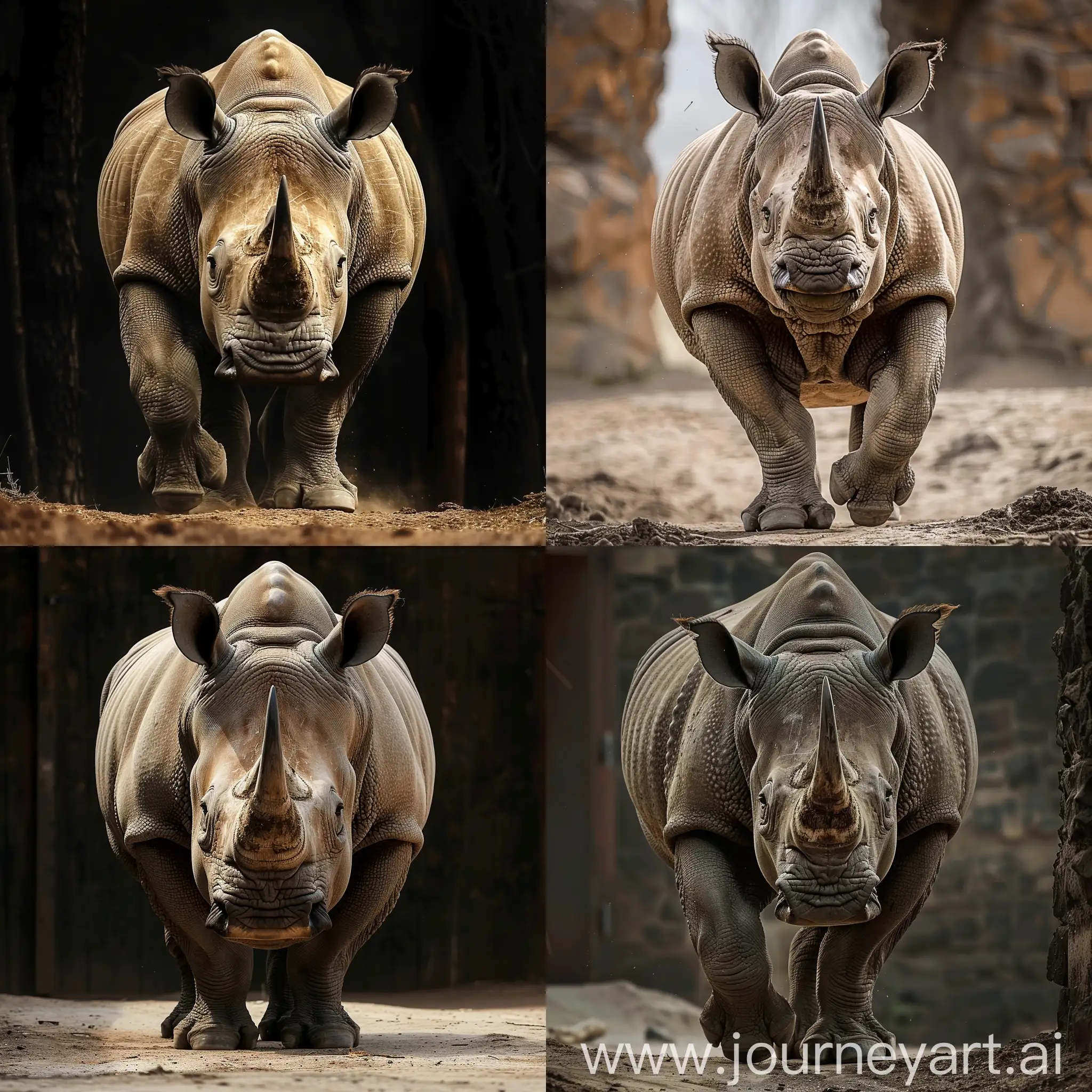A rhinoceros, front view, majestic expression, strong, light perception