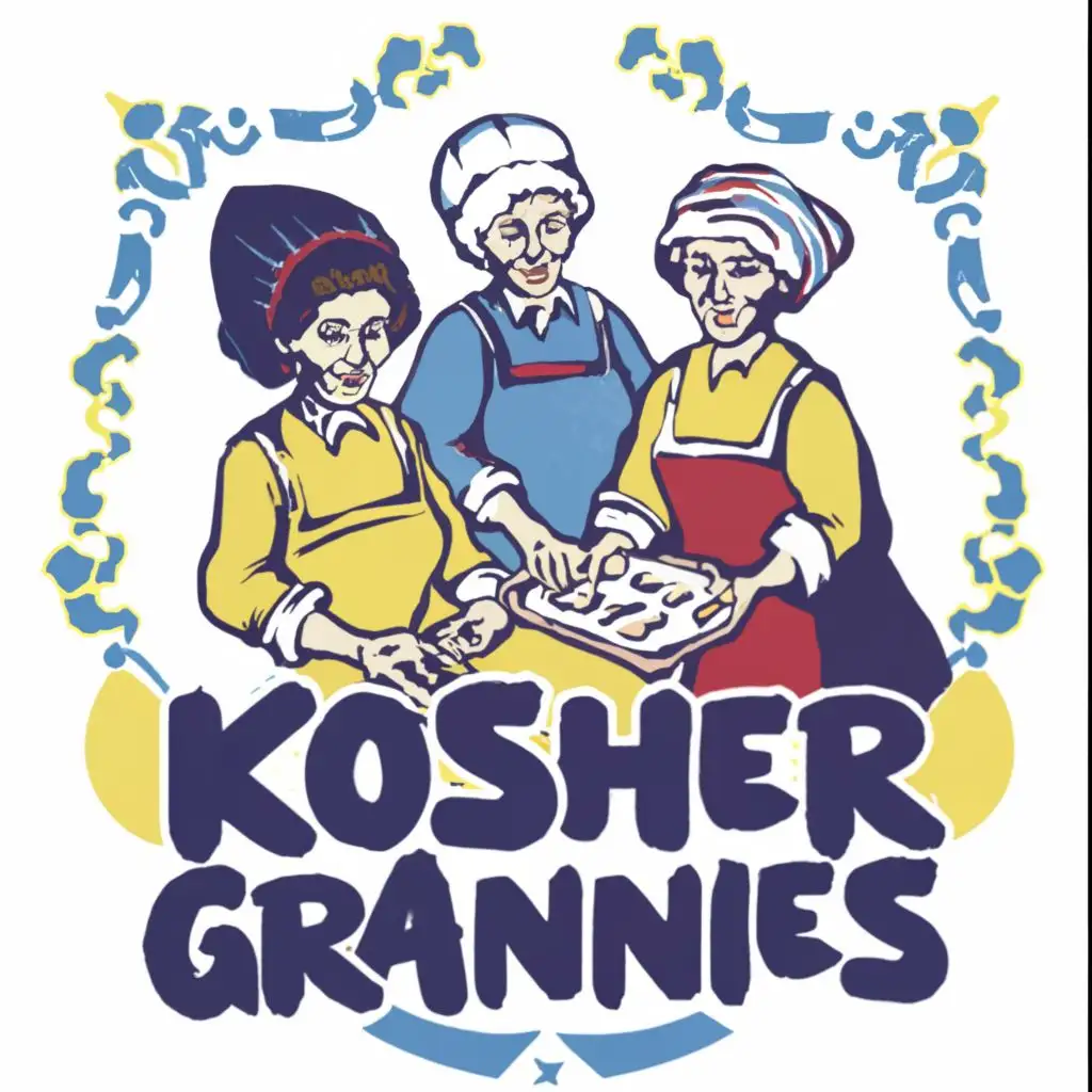 logo, Israel, yellow, blue, white, red, Jewish orthodox grannies cooking challah, Paul Klee, with the text 'Kosher Grannies', in Portuguese tiles, typography, be used in Automotive industry