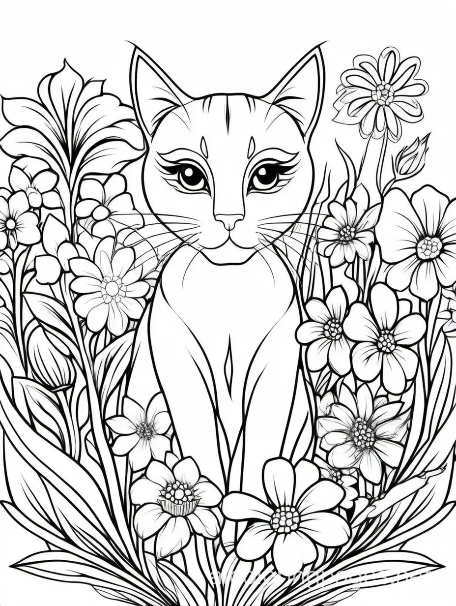 cat in flowers for adults for women, Coloring Page, black and white, line art, white background, Simplicity, Ample White Space. The background of the coloring page is plain white to make it easy for young children to color within the lines. The outlines of all the subjects are easy to distinguish, making it simple for kids to color without too much difficulty