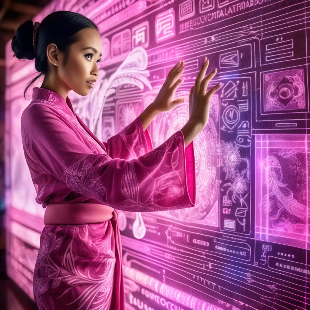 Indonesian Woman with Cock Bun and Energy Batik Material Interacts with Mystical AI in Spaceship Laboratory