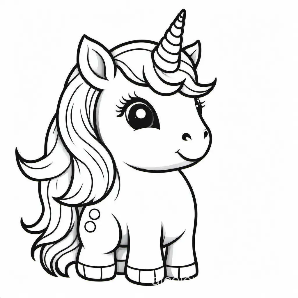 Baby unicorn without background, Coloring Page, black and white, line art, white background, Simplicity, Ample White Space. The background of the coloring page is plain white to make it easy for young children to color within the lines. The outlines of all the subjects are easy to distinguish, making it simple for kids to color without too much difficulty