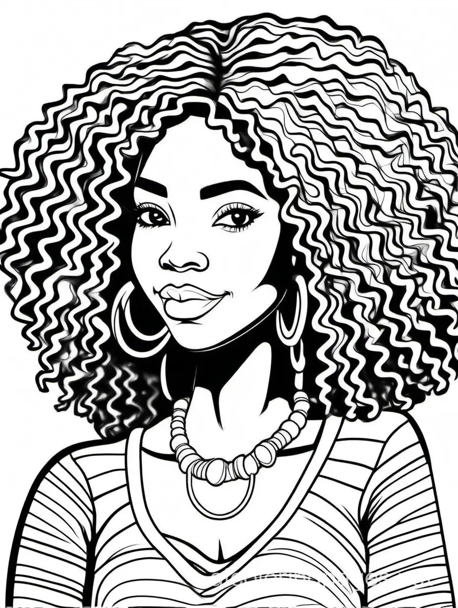 Pretty black woman, Coloring Page, black and white, line art, white background, Simplicity, Ample White Space. The background of the coloring page is plain white to make it easy for young children to color within the lines. The outlines of all the subjects are easy to distinguish, making it simple for kids to color without too much difficulty