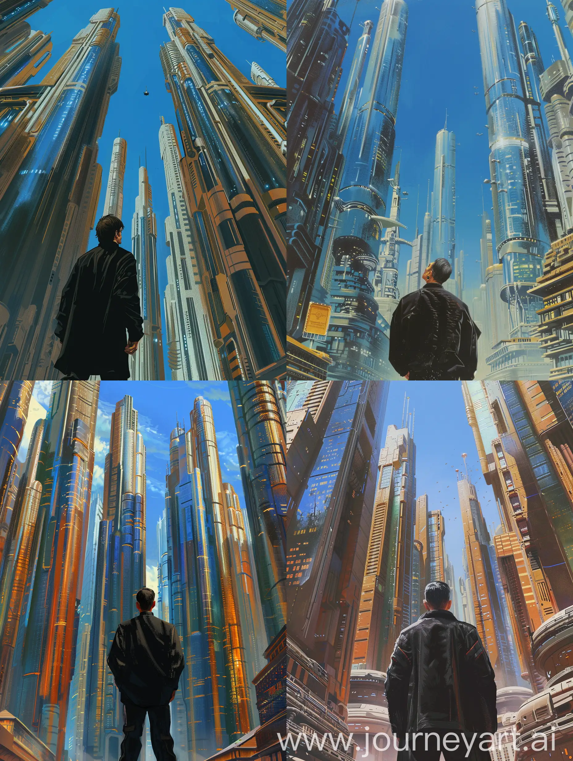 concept art of the back of man in black clothes in the center looking up resolutely at looming shimmering skyscrapers in the  futuristic city. in retro science fiction art style. in color. blue sky. 