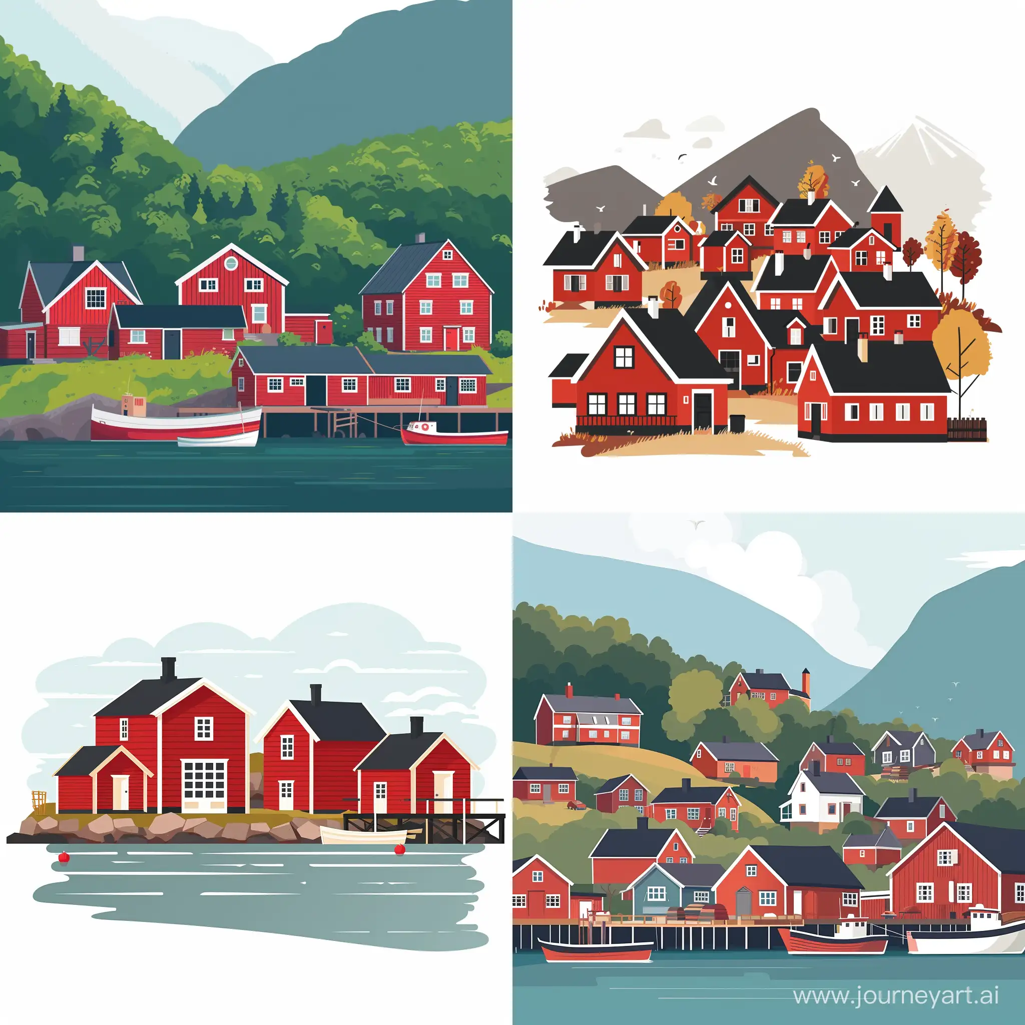 Rhine Norway red houses, in flat style, high quality details