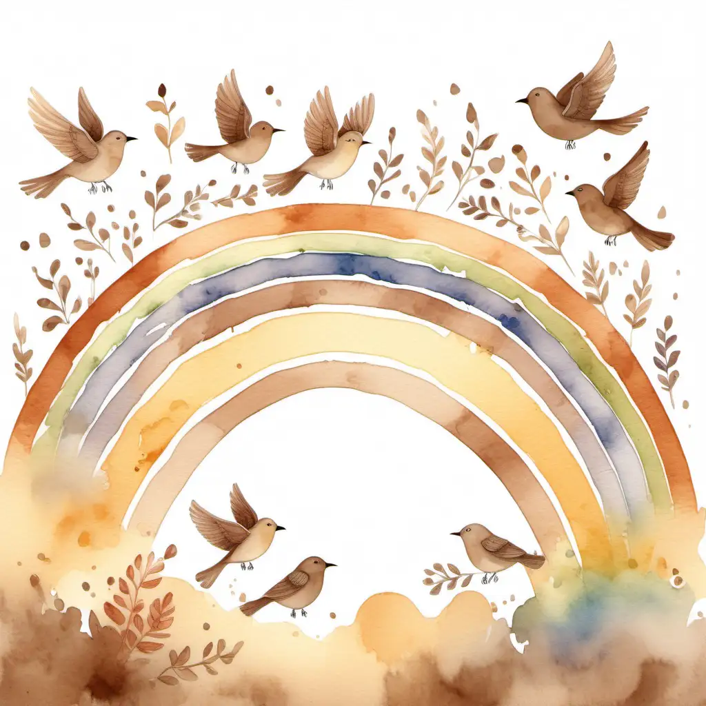 Draw a watercolor image of a boho style rainbow in different shades of brown and beige with little birds flying underneath. The whole image should be done in different shades of brown and beige in a boho style.