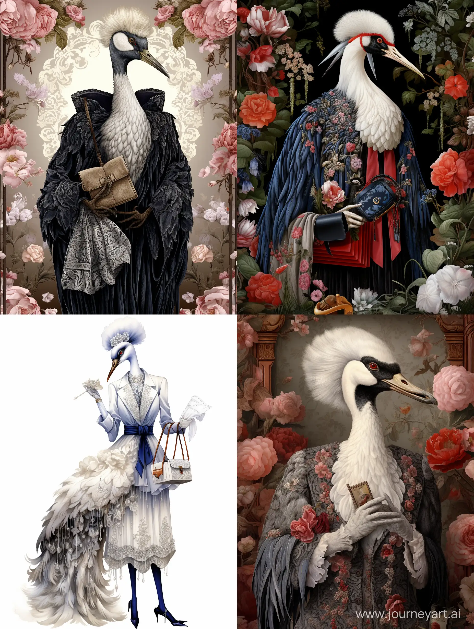 cool fashionable GRUS JAPONENSIS bird! in clothes and with a parfum in her hands, detailed, realistic, beautiful background