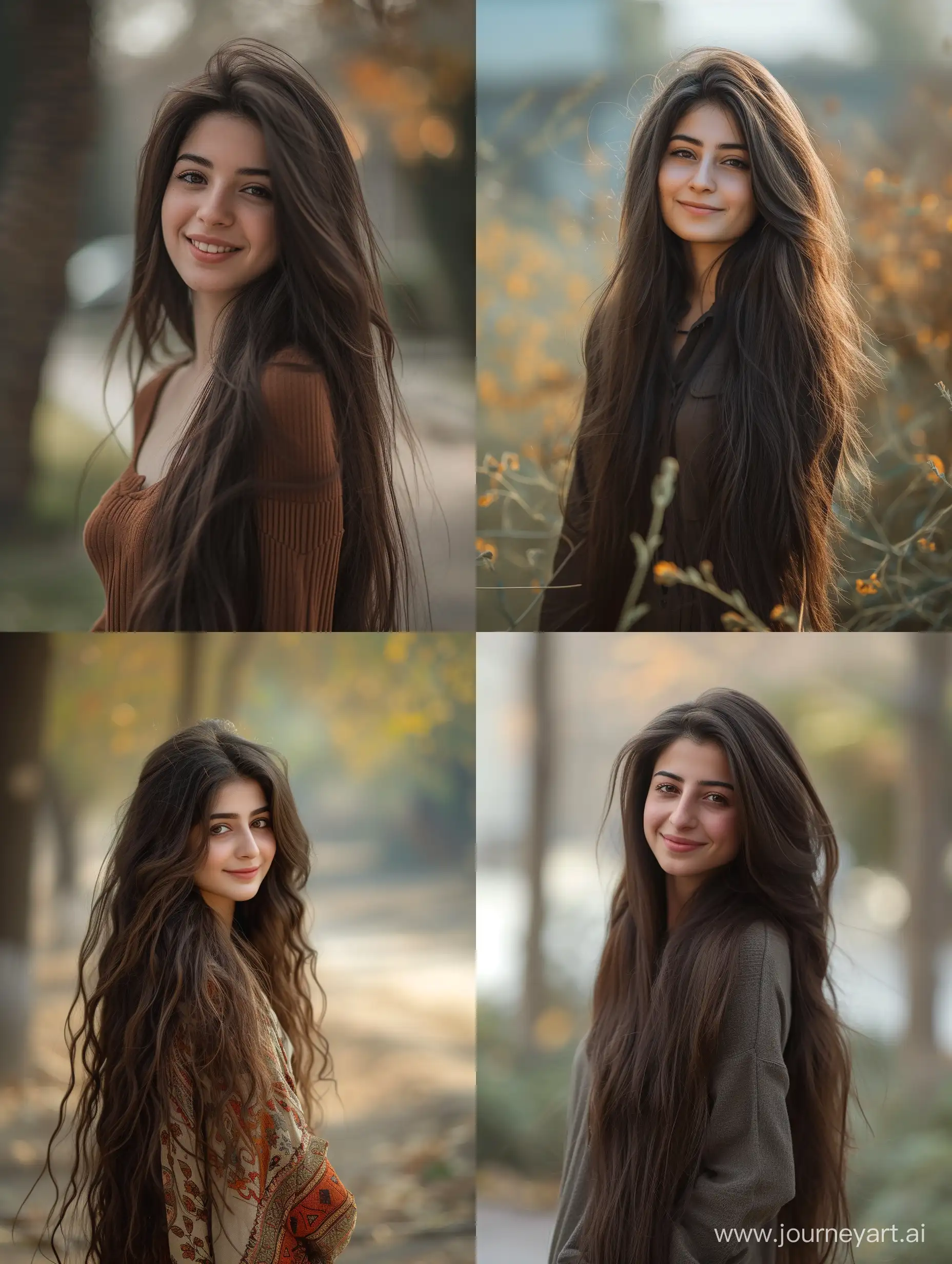 a not thin pretty Iranian girl standing, she has dark brown long hair, happy face, blur background, ultra high detailed photo, full body pose photography, not thin body
