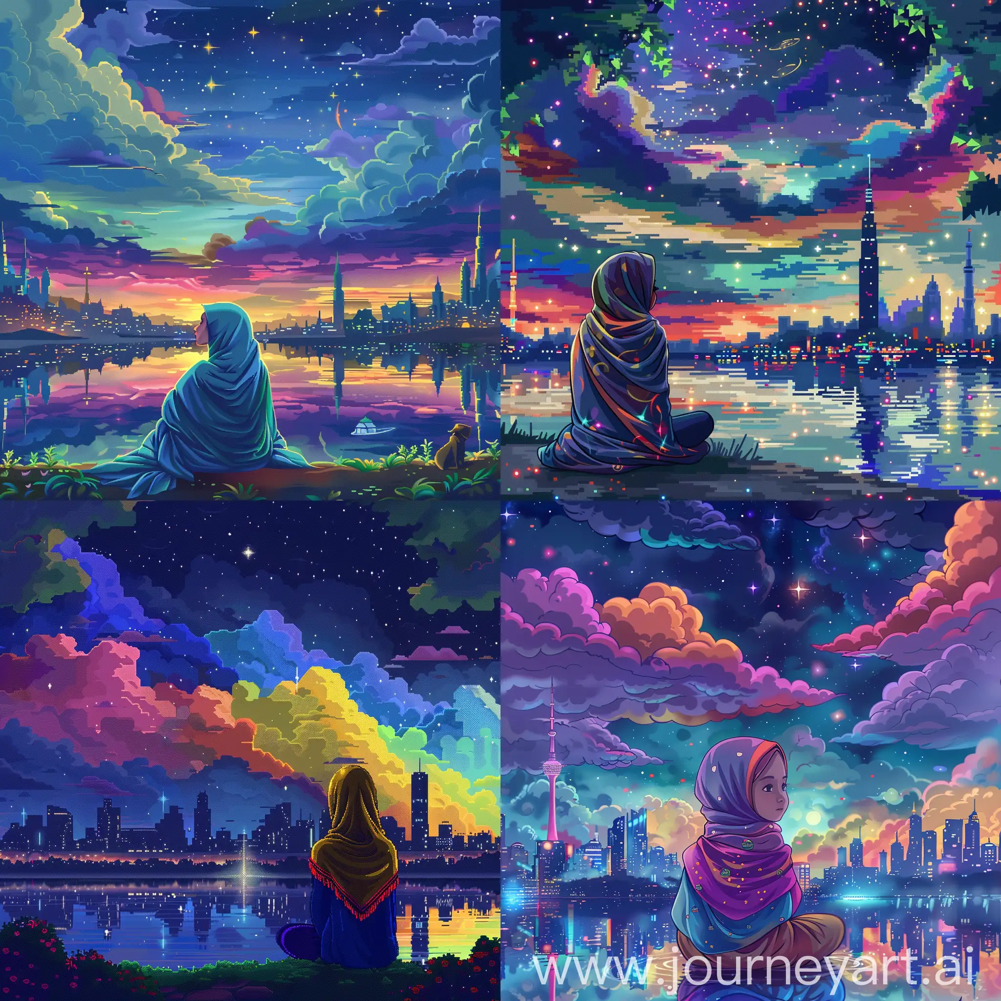Peaceful-Malay-Teenage-Girl-Admiring-Colorful-Night-Cityscape-by-the-Lake