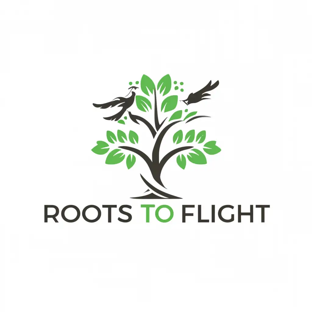 a logo design,with the text "Roots to Flight", main symbol:Tree + 2 birds,Moderate,be used in Travel industry,clear background