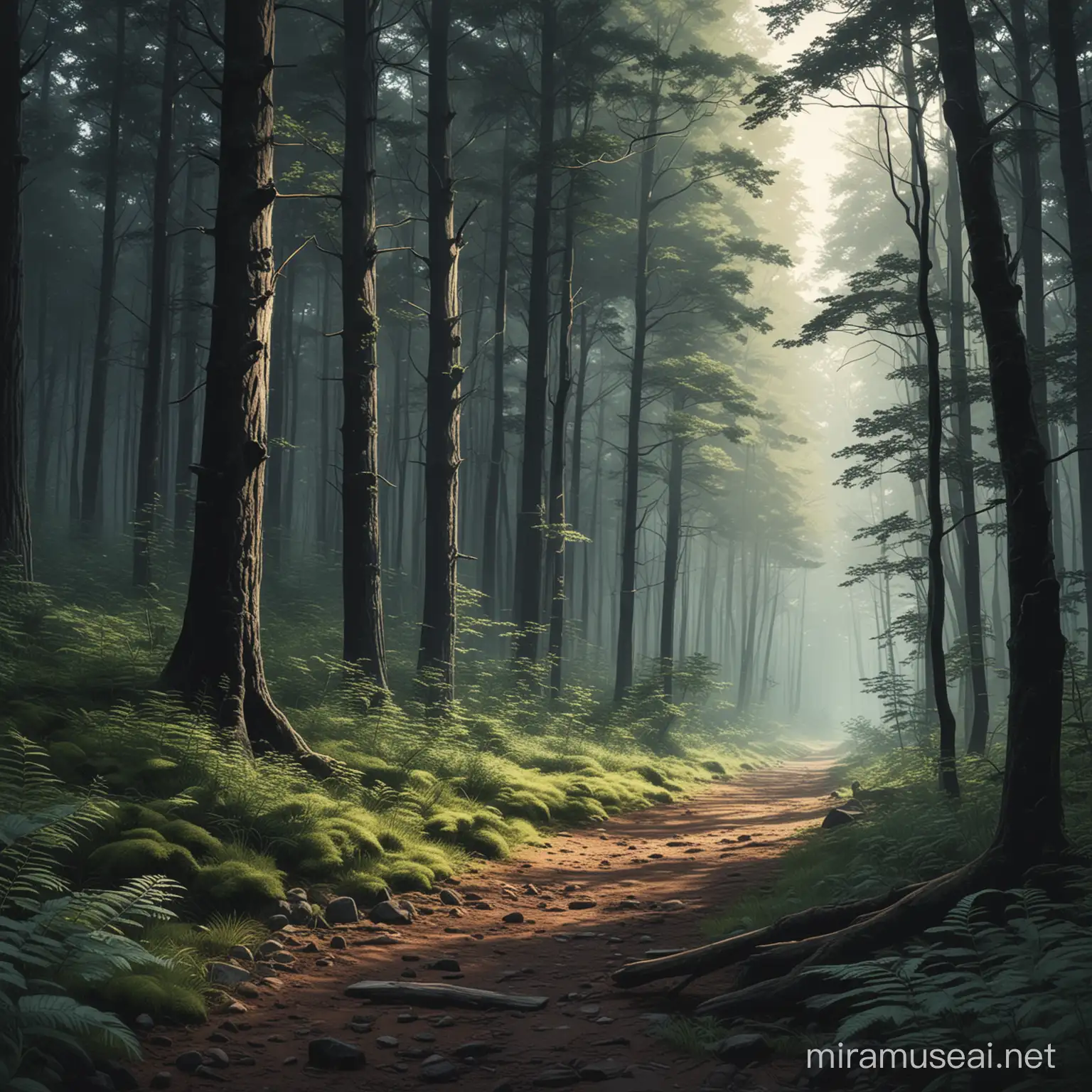 Generate a VECTOR image of a serene forest scene using only 2 or 3 colors. The forest should have a calming and safe ambiance. Ensure that the bottom part of the image is black to represent the ground. Focus on depicting the tranquility and beauty of nature within these constraints.
