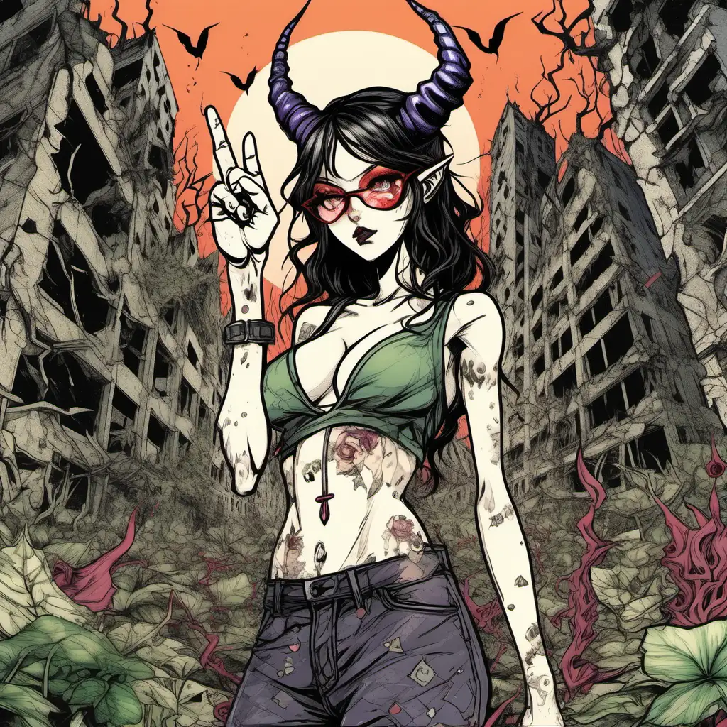 A full body portrait, manga-style illustration capturing a beautiful seductive succubus with freckles, glasses and horns showing a peace sign with her fingers :: The artwork features a ruined world filled with destroyed buildings covered in overgrowth, colored cell shading with strong contrasts emphasizing the character's unique traits. --stylize 800 -- chaos 100
