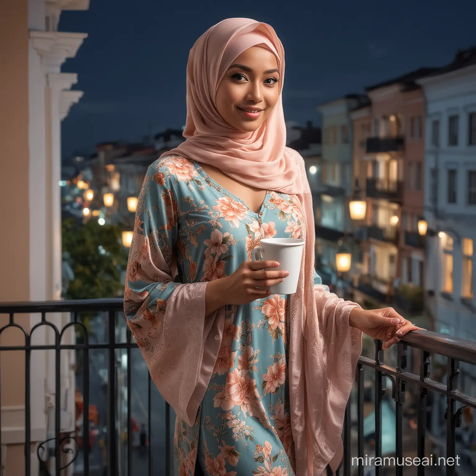 (full body shot, professional photography, standing on a balcony, holding a cup of coffee or tea, overlooking a picturesque street lit with soft lights during the evening), sturdy and beautiful Malay female, middle age, medium breasts, elegant, highly detailed, digital painting, art station, sharp focus, glowing eyes, wear fully hijab sea blue and peach loose kebaya, cover whole body, floral patten, wear heels, Enhance, dynamic shot