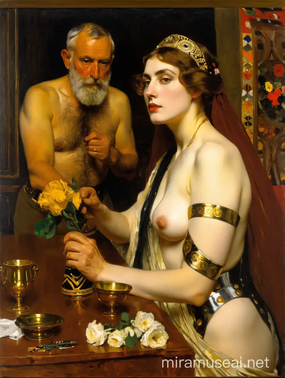 Adolf Menzel, Sargent,  Gustav Klimt young undressed woman with old man in armor with flower