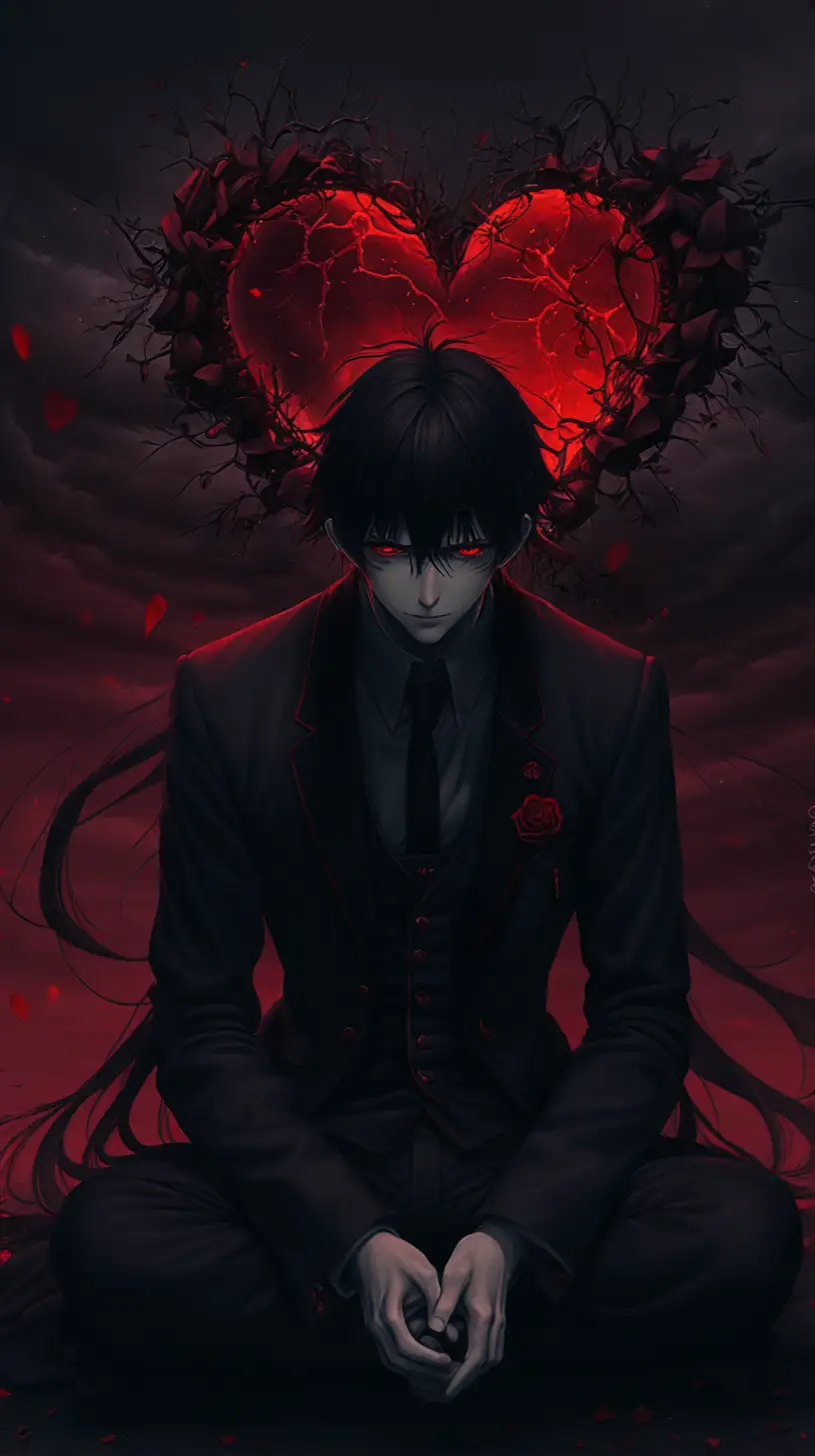 Enigmatic Figure Exploring Dark Love and Psychological Manipulation in Red Anime Art