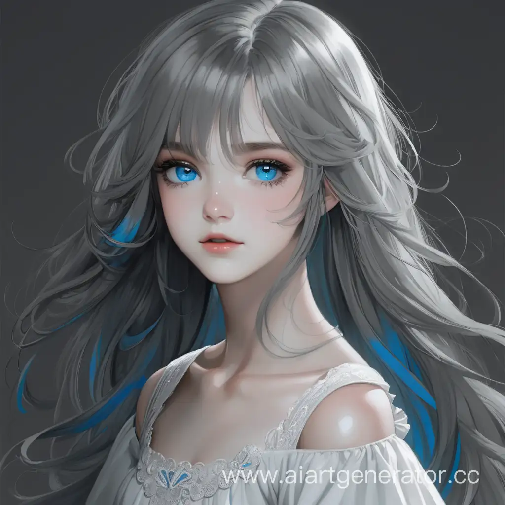 Девушка
в белом платье, с голубыми глазами и тёмно-серыми 
волосами
