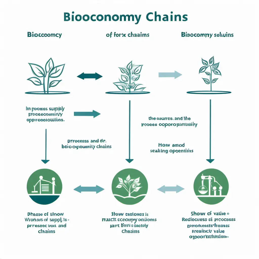 Create a diagram to advertise for a bioeconomy workshop. NO TEXT, ONLY VISUALS.

Show process of workshop with 3 realistic icons: (1) bioresources  (2) Business: impact and opportunity, (3) the Process: supply and value chains, scaling solutions. 

Show how each phase is part of a process to create bioeconomy solutions.