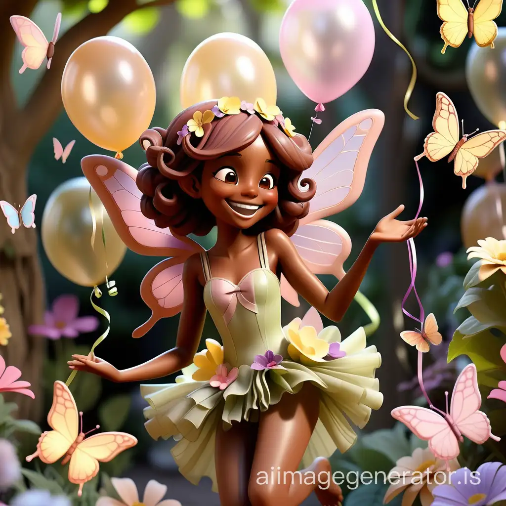 In a lush garden adorned with twinkling lights, a beautiful brown-skinned fairy is surrounded by her closest friends, all adorned in delicate pastel-colored attire. The fairy's wings shimmer in the soft glow of the setting sun as she laughs and dances amidst the gently swaying flowers and fluttering butterflies. The garden is transformed into a magical wonderland, with pastel green, pink, yellow, and purple decorations adorning every corner. Delicate ribbons and flowers hang from the trees, while colorful balloons float gently in the air. The fairy and her friends share sweet treats and laughter as they celebrate her special day in this enchanting outdoor paradise.