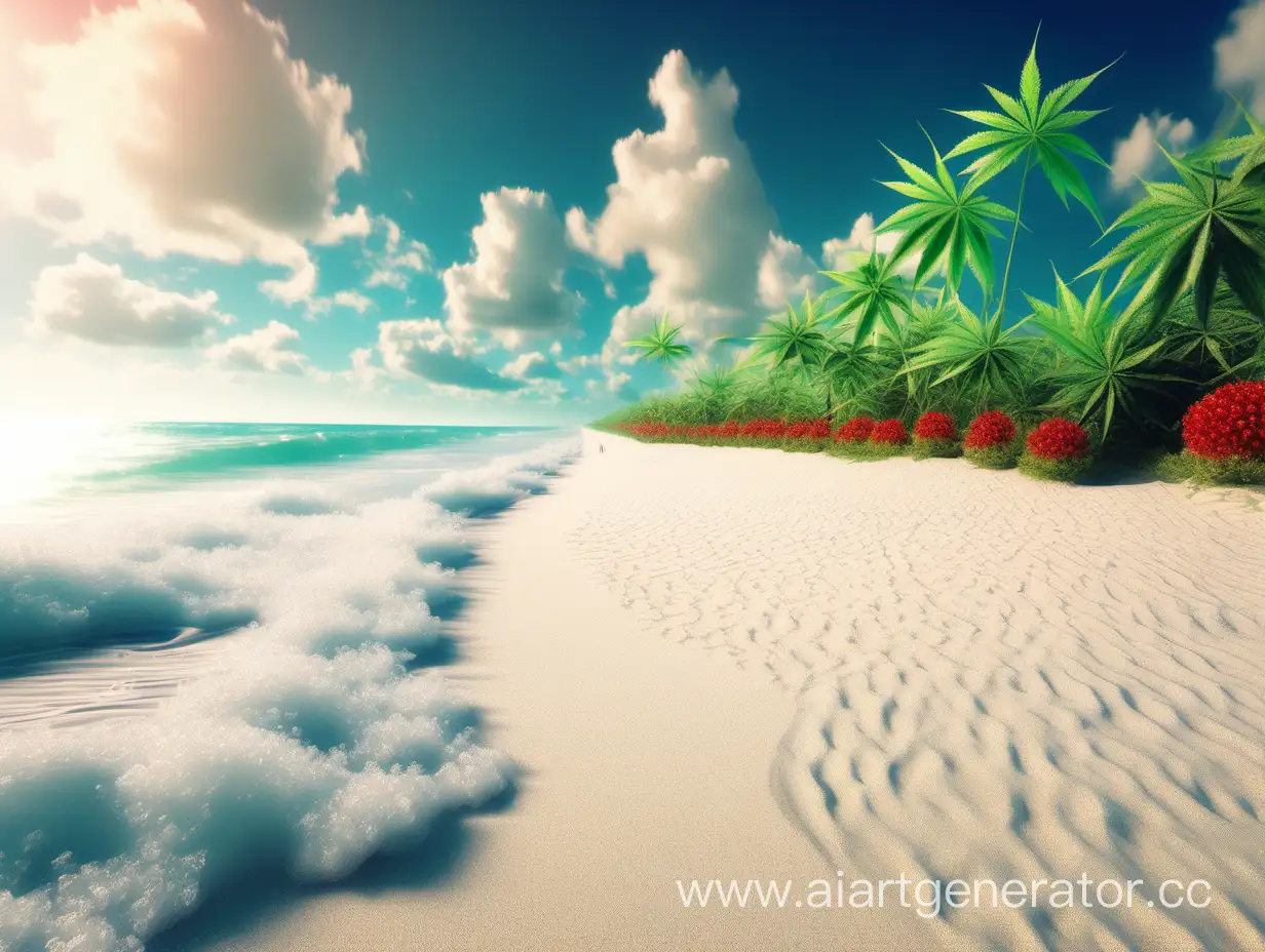 сгенерируй пляж , песок на этом пляже сделан из кокаина , растения каннабиса должны быть на этомпляже ,море должно быть из ликёра ,а небо длолжно быть цветоне как будто от ЛСД