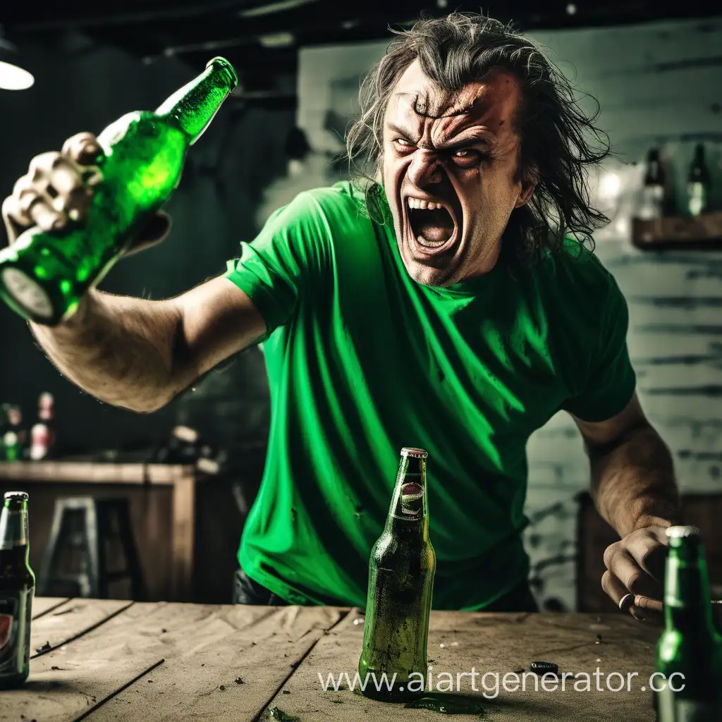 Angry-Man-Smashing-Beer-Bottle-in-Green-Shirt