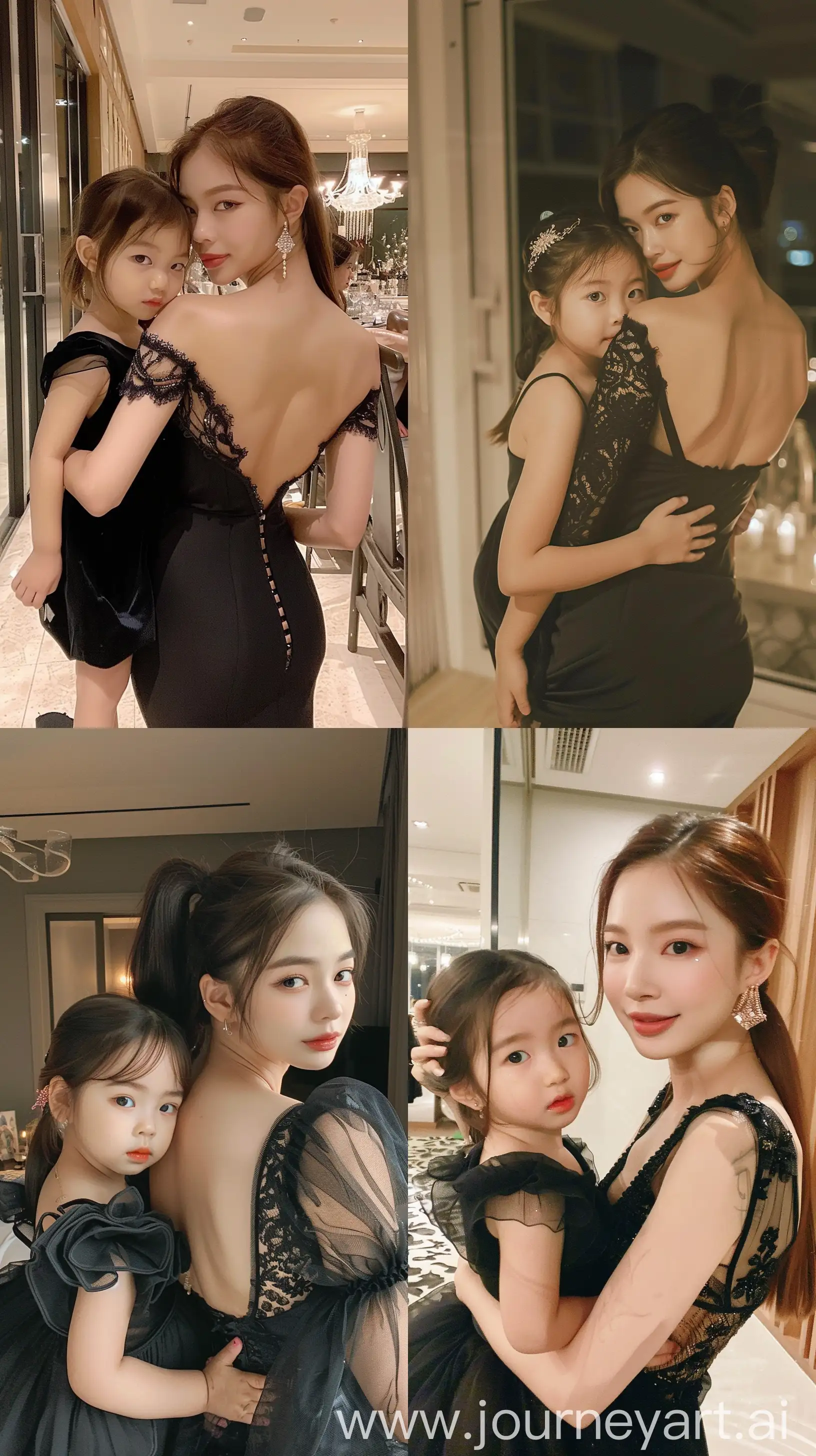 blackpink's jennie selfie with 2 years old girl, facial feature look a like blackpink's jennie, aestethic selfie, night times, aestethic make up, wearing black elegant dress, back body,hotly young mom --ar 9:16