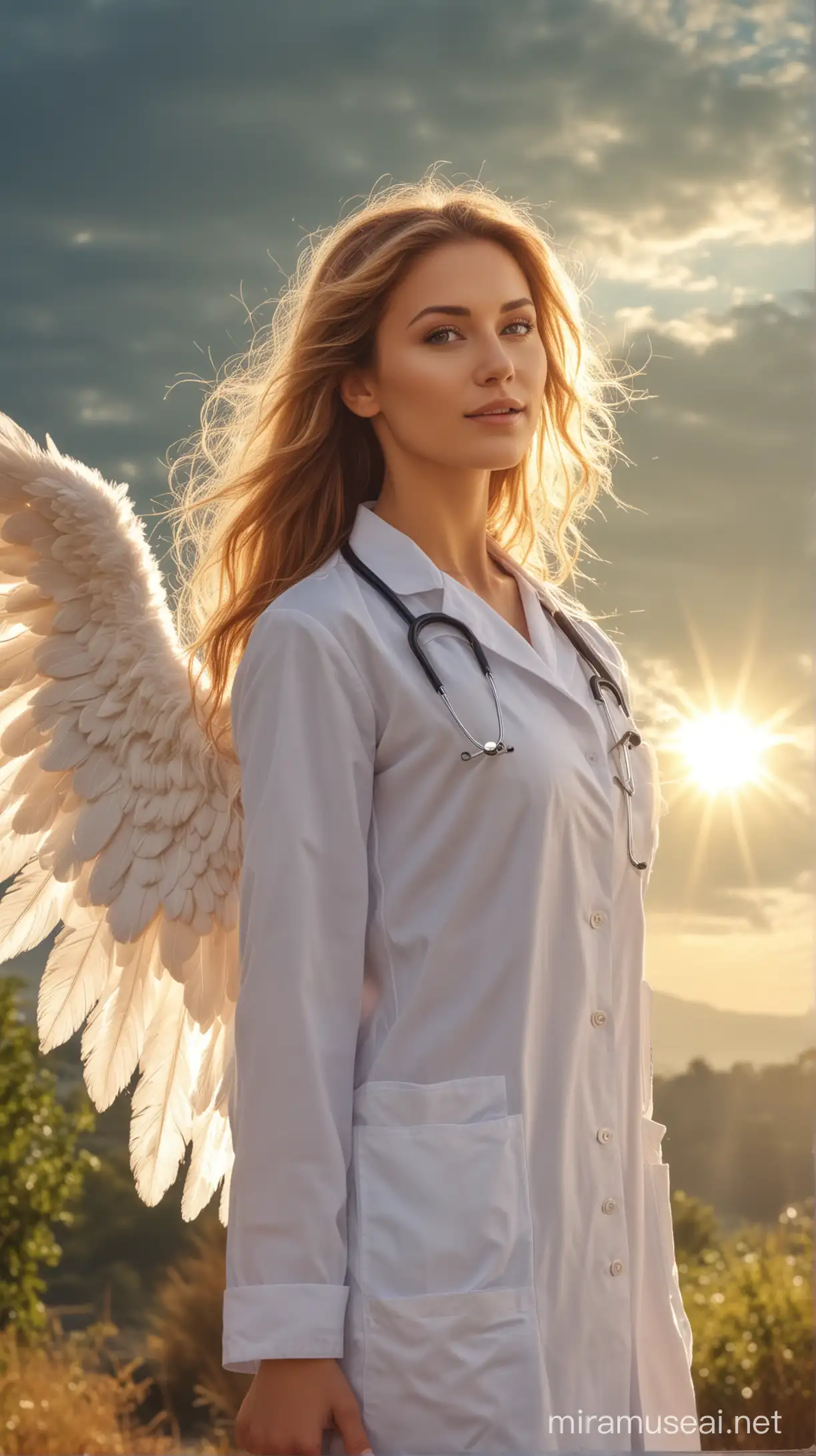 Beautiful Angel women doctor, natural background, sun light effect, 4k, HDR, morning time weather