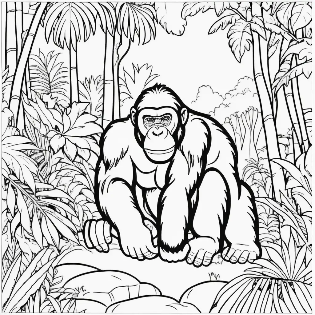 simple coloring book picture of ape in jungle