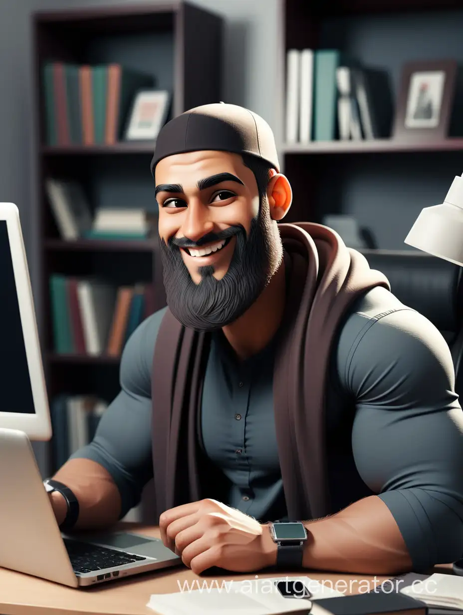Smiling-Muslim-Freelancer-in-Stylish-Office-Setup-with-Laptop-and-Books