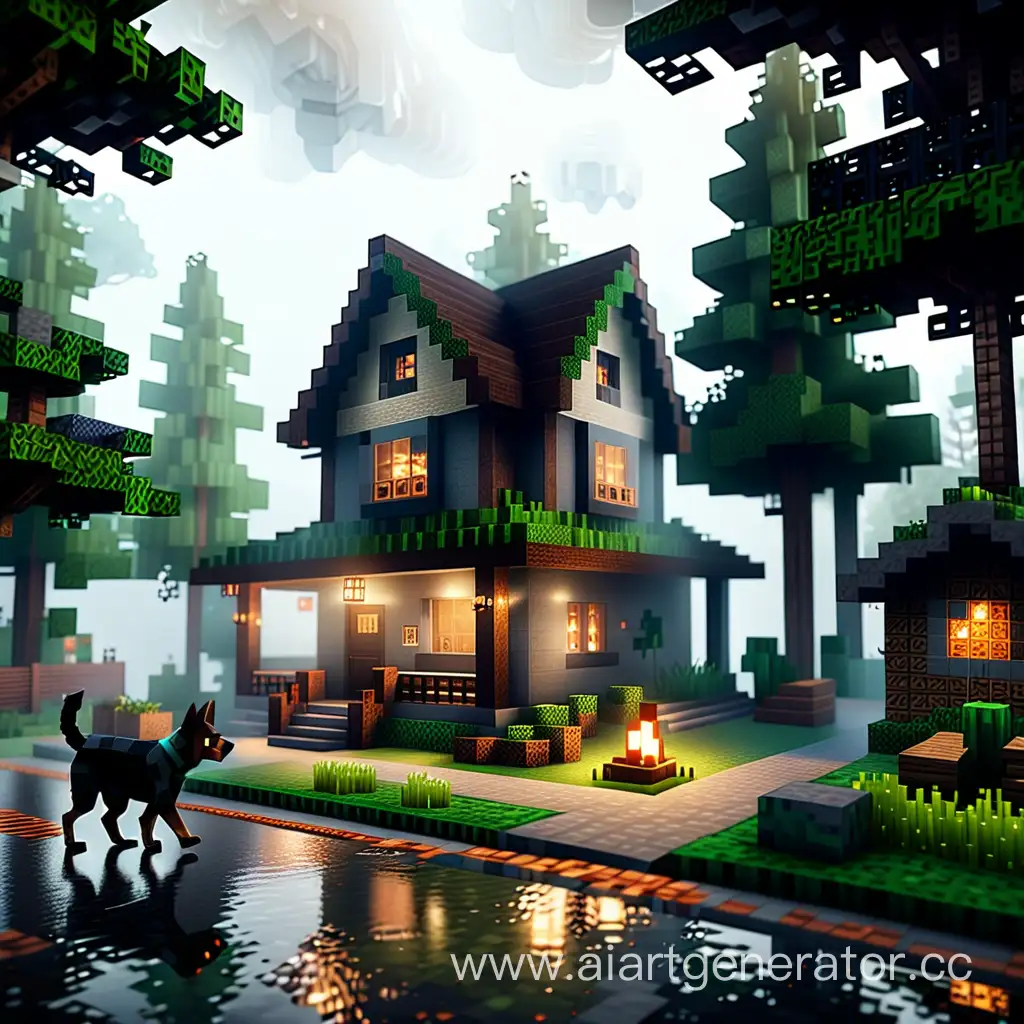 Cozy-Minecraft-Forest-House-with-Dog-in-Foggy-Ambiance