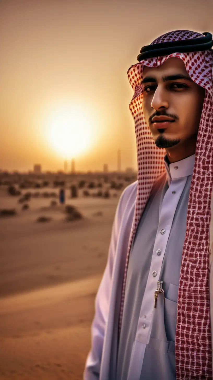 Shot for a saudi young man, peaceful, tranquil, ethereal light, sunset, hdr, hyper detailed , style raw (make picture as real)