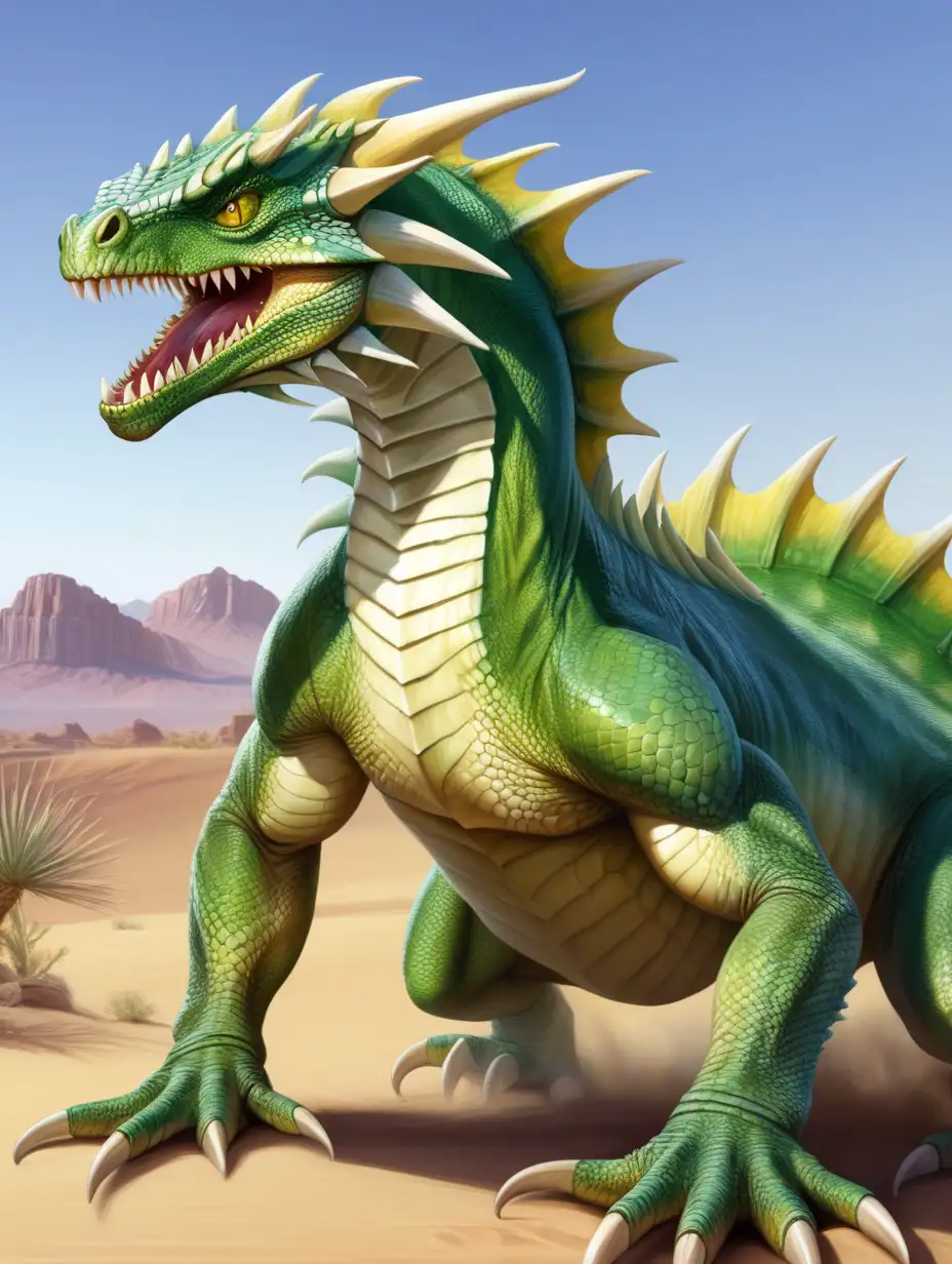 Green reptile dragonmonster. Huge in size. Long powerful scaly body. Yellow eyes. White pointy teeth. Desert setting