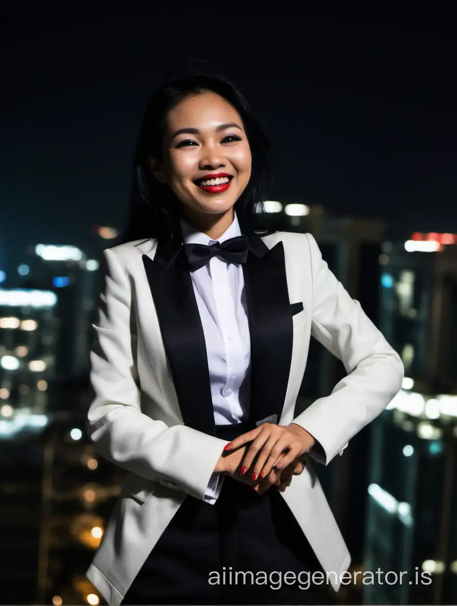 It is night.  The scene is a scaffold at the top of a skyscraper. A beautiful smiling and laughing vietnamese woman with tan skin, long black hair, and lipstick, mid-thirties of age, is looking at the viewer.  She is wearing a tuxedo with a black jacket and black pants.  Her shirt is white with double french cuffs and a wing collar.  Her bowtie is black.   Her cufflinks are large and black.  Her jacket is open. 