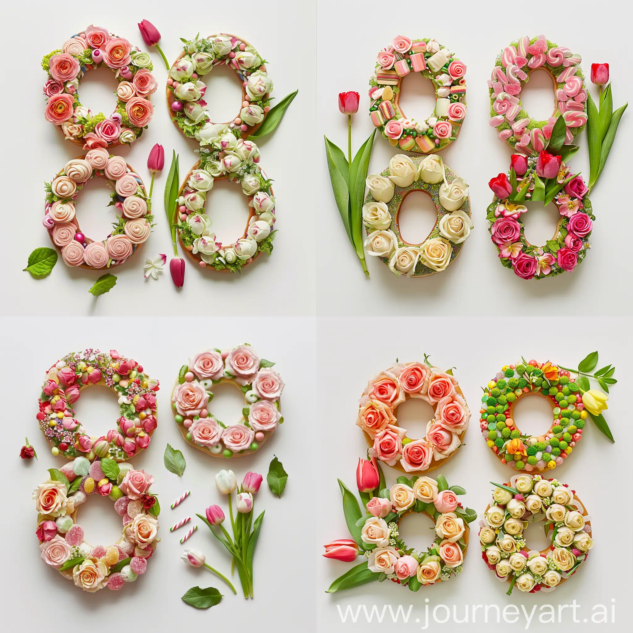 Два пончика лежат рядом, образуя цифру 8. Пончики сделаны из роз, тюльпанов и конфет, рядом лежат зелёные листья от цветов, белый фон