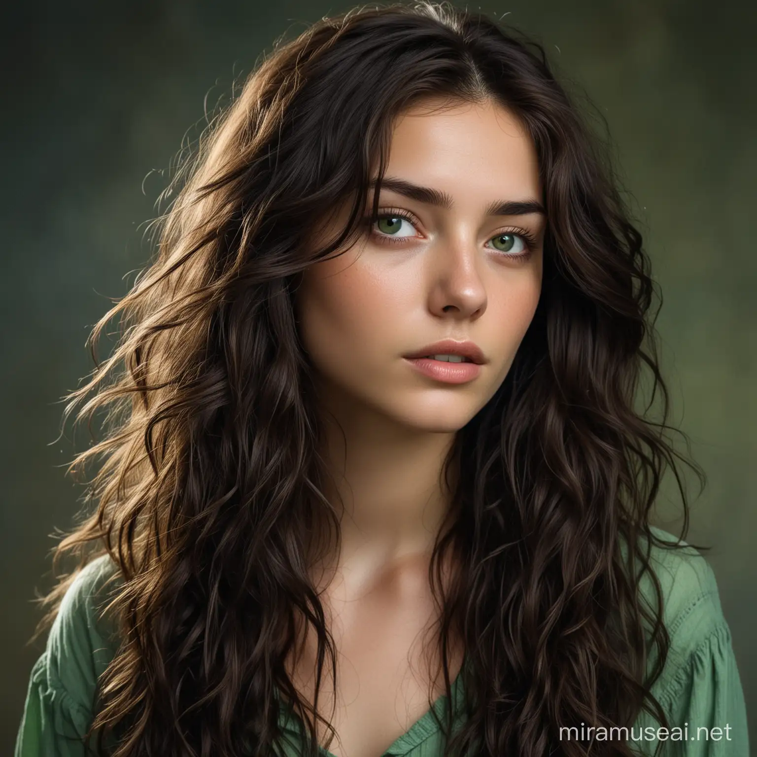 Young Woman with Intense Green Eyes and Cascading Brown Hair