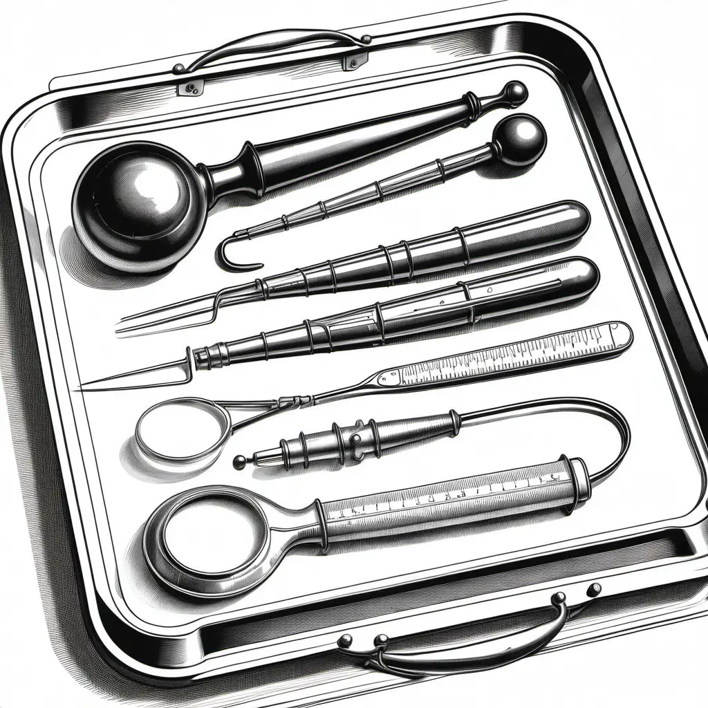 Vintage Hand Drawn Illustration of Surgical Instruments on Tray