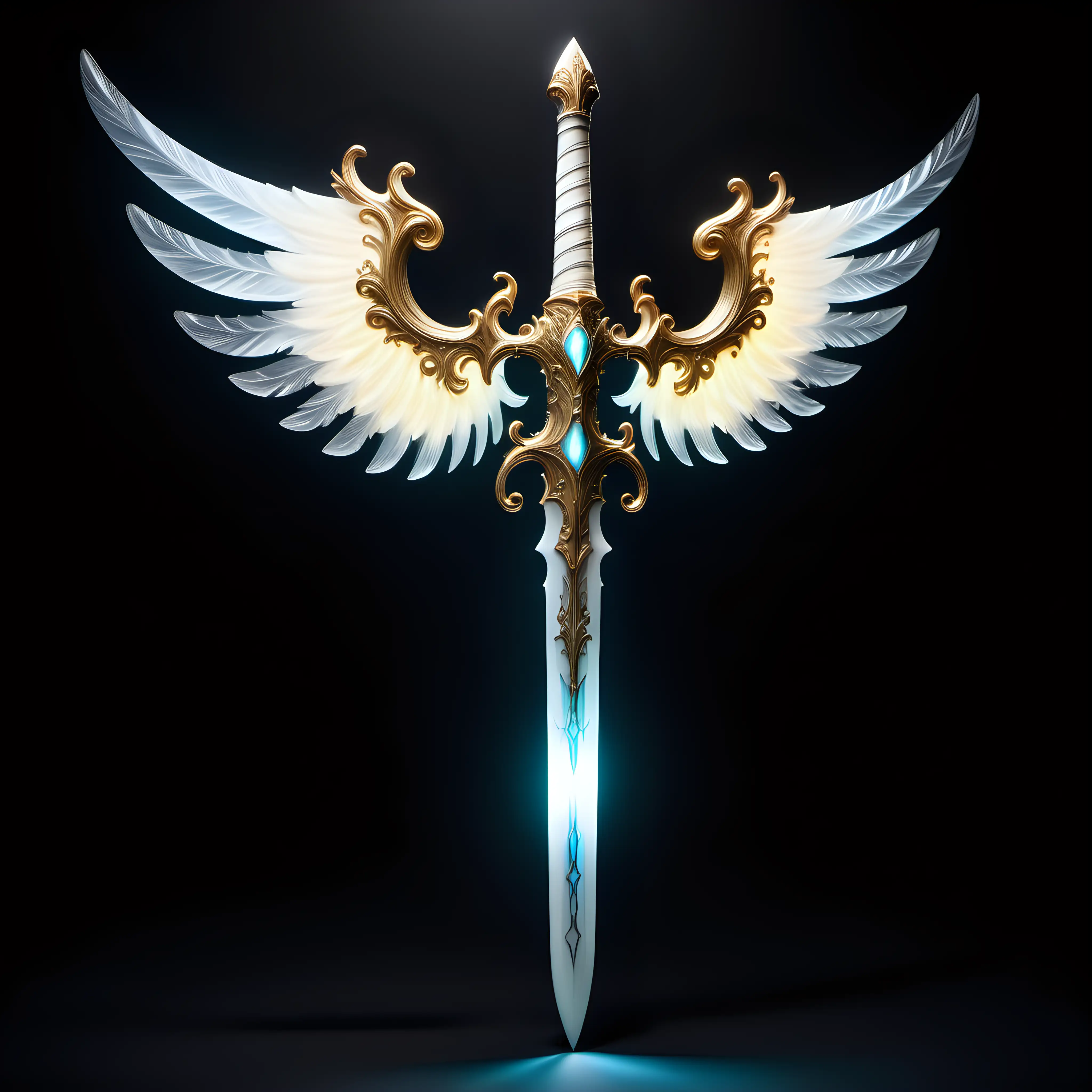 A luminous, glowing alabaster sword with golden streaks and silver accents streaking through wind wisps with its winged guard