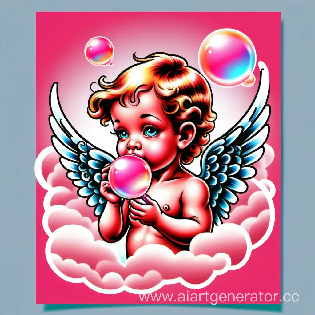 купидон ангел ребенок малыш профиль в стиле тату этикетка отрытка цветная яркая надувает розовую жевачку пузырь